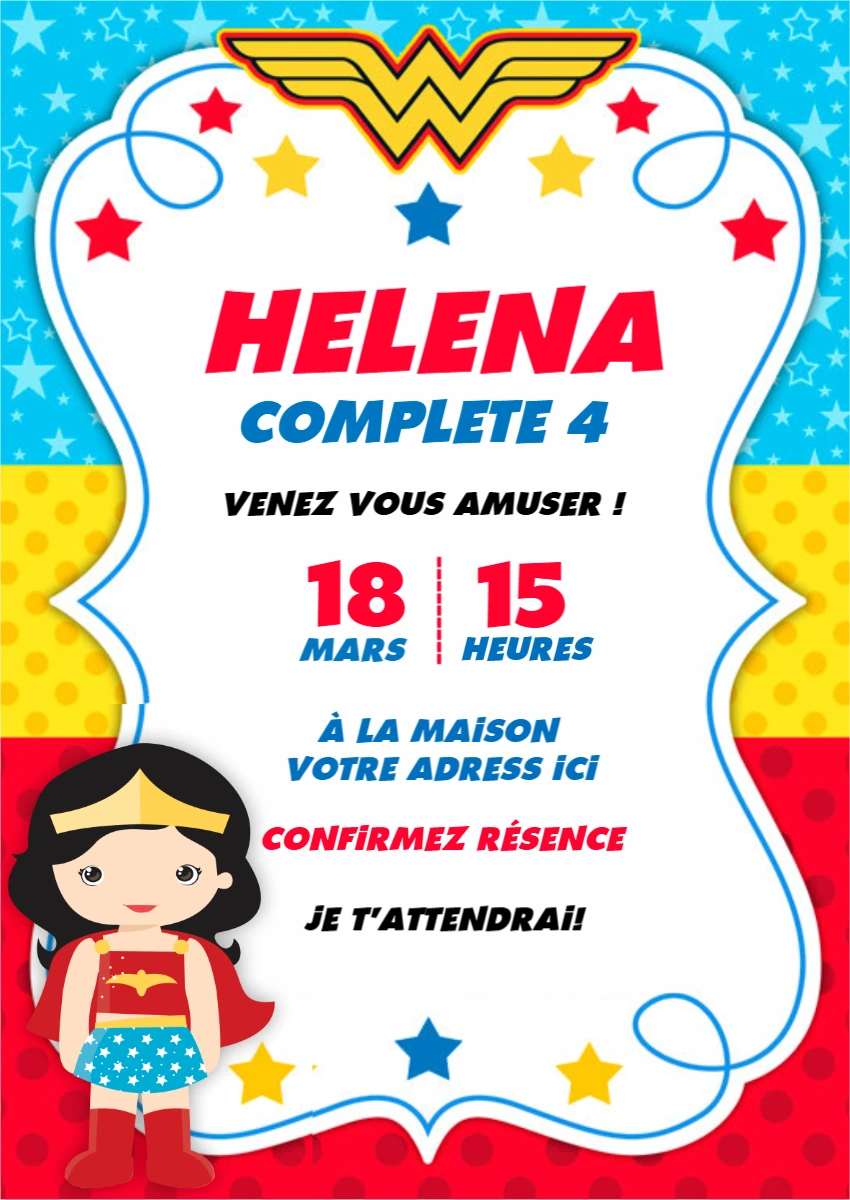 Invitation Anniversaire Wonder Woman pour Fille à Personnaliser