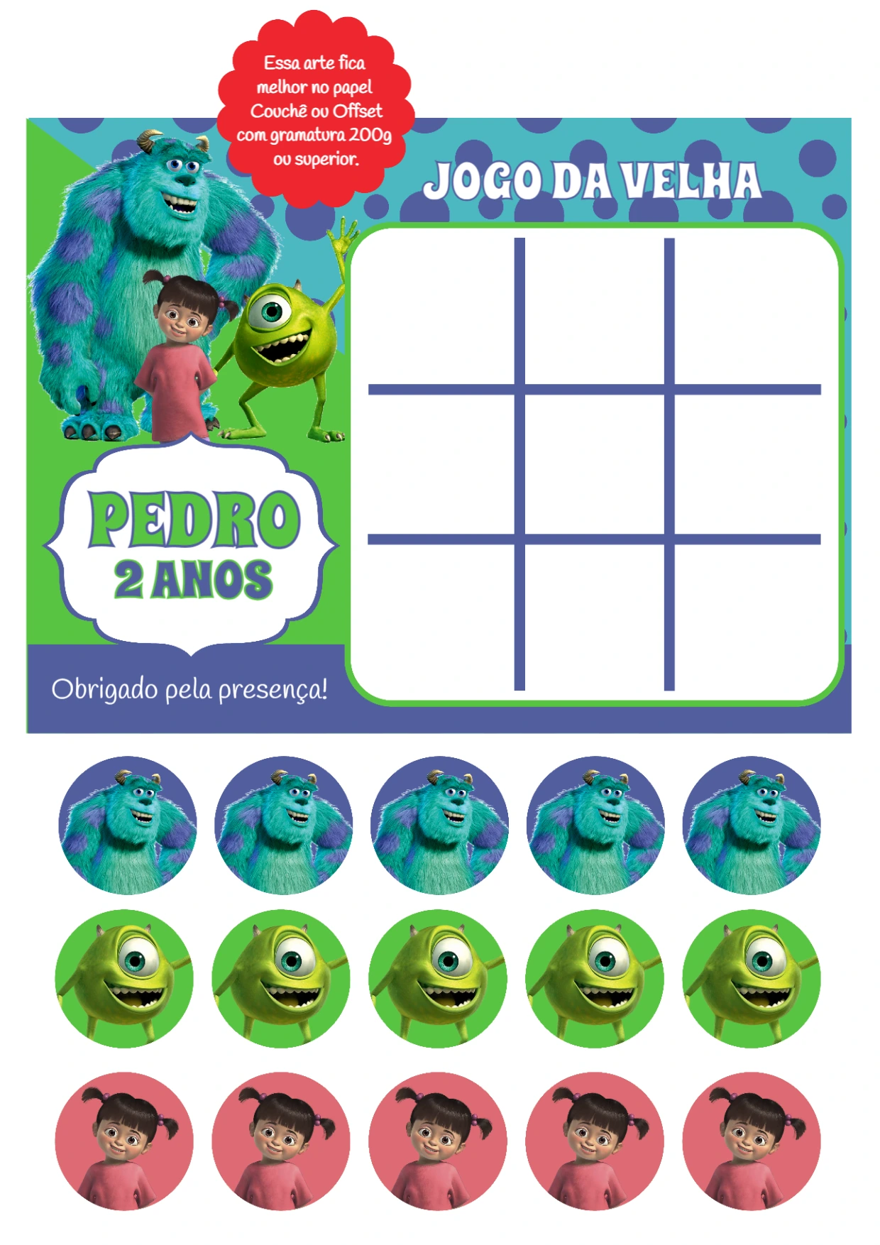 Jogo da Velha Monstros S.A. Editável para Festa Infantil