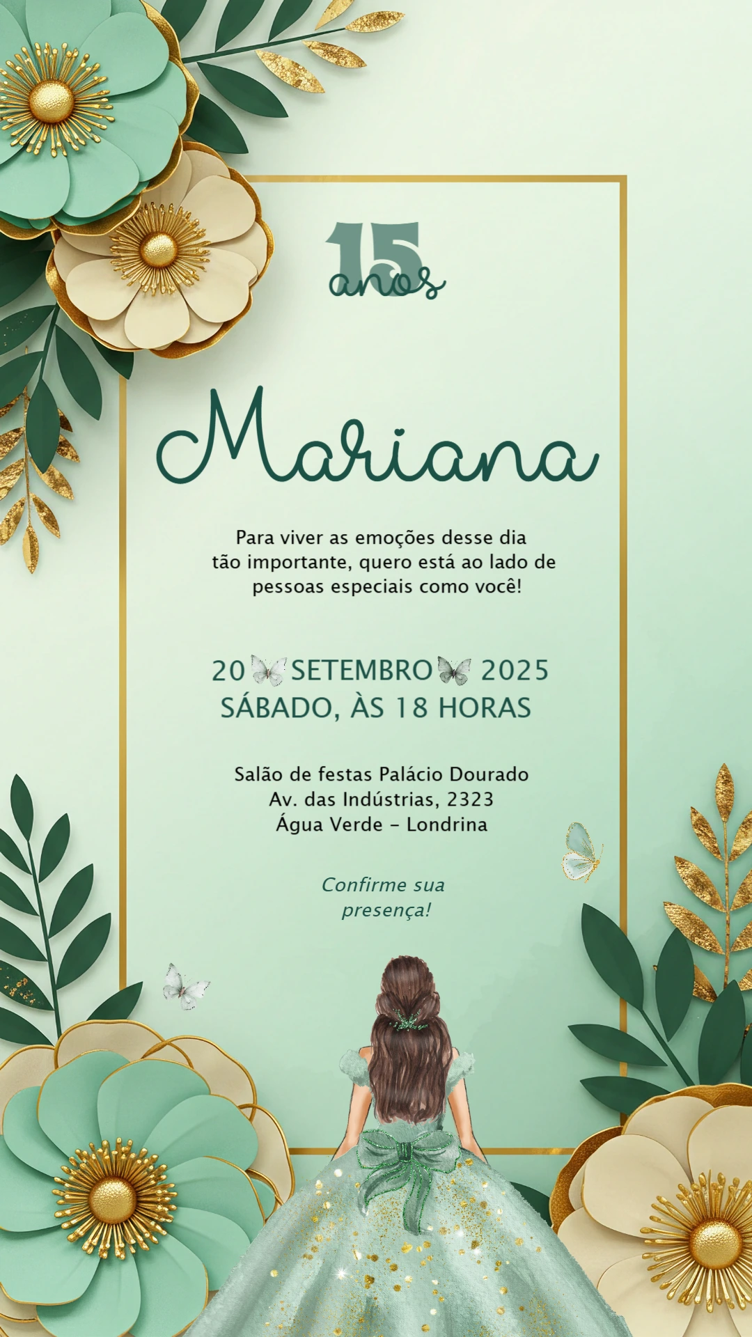Convite de 15 Anos Verde Menta e Dourado com Flores para Editar