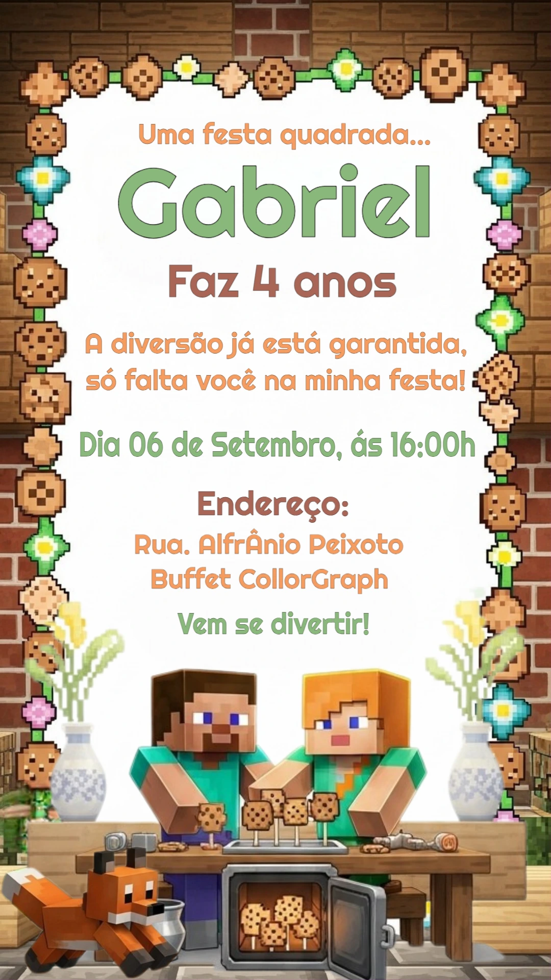 Convite de Aniversário Minecraft com Personagens para Editar