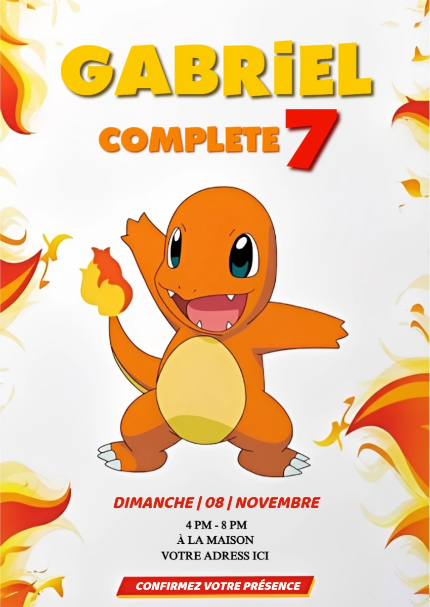 Invitation d'anniversaire Pokémon Salamèche modèle à éditer
