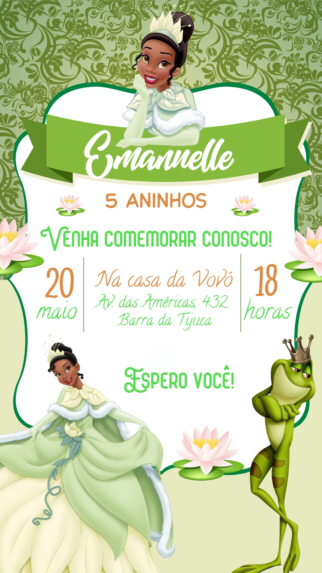 Convite Aniversário A Princesa e o Sapo para Editar Online