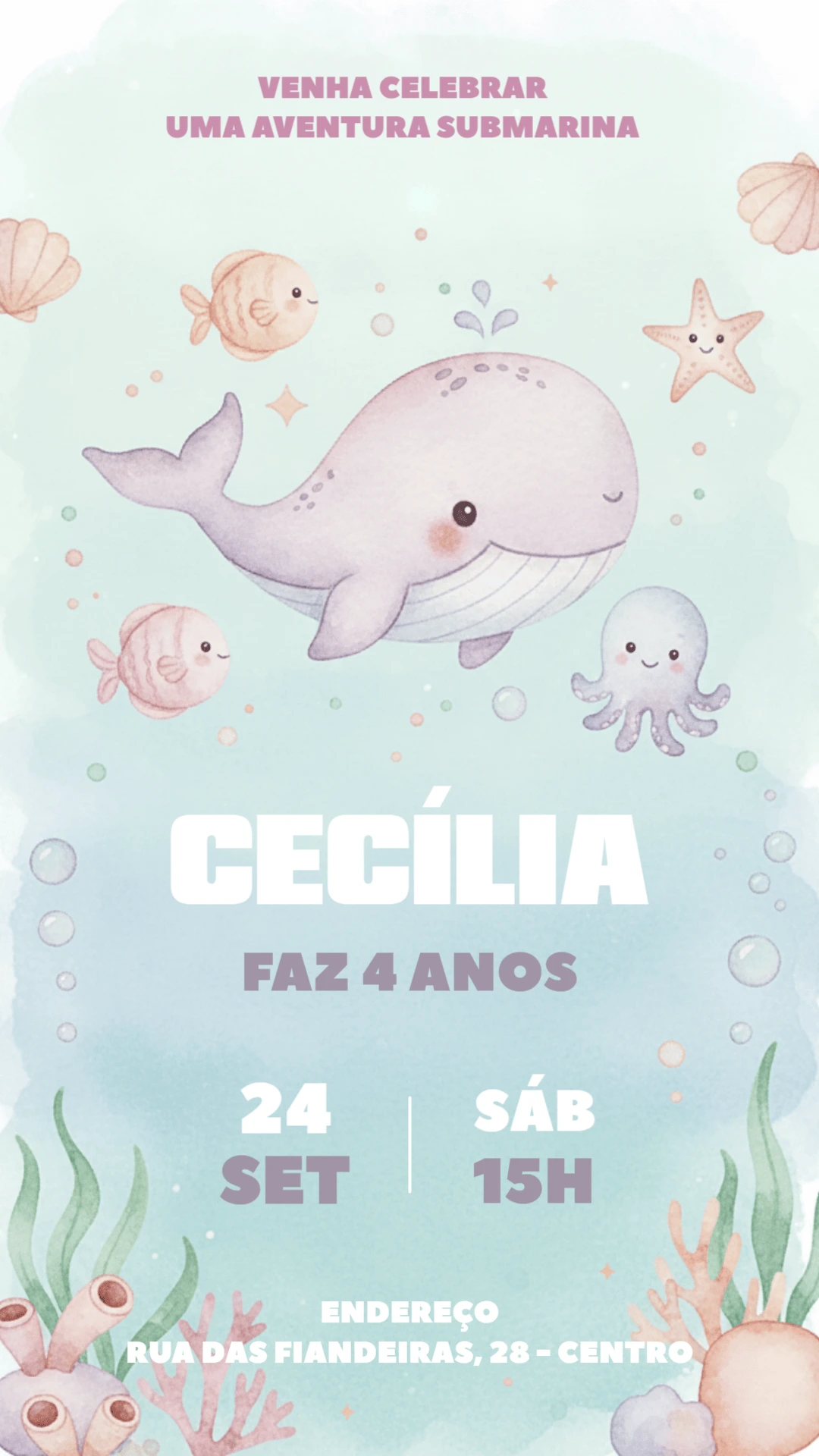 Convite Aniversário Fundo do Mar Aquarela para Editar Online