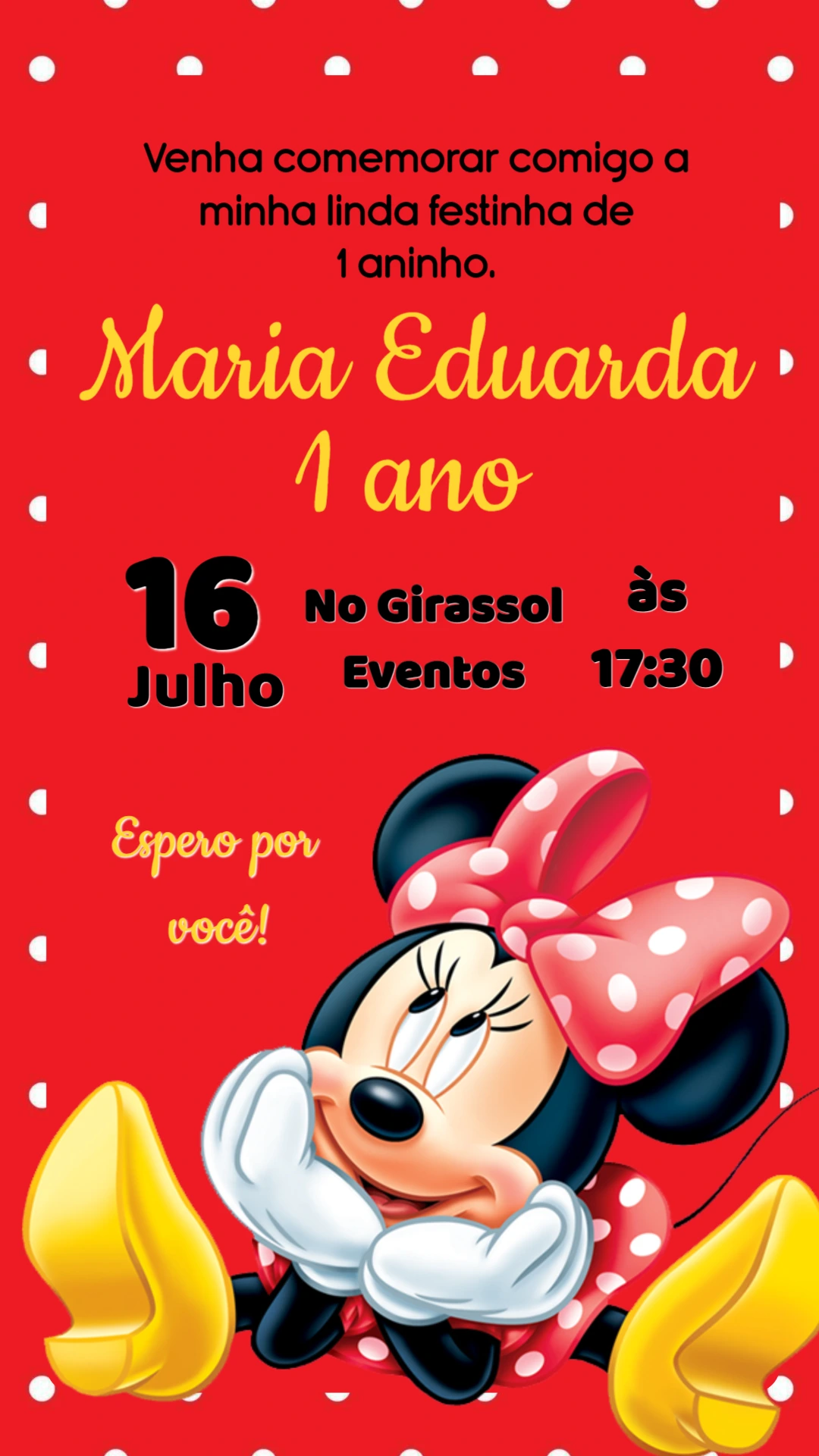 Convite Animado Aniversário Minnie Vermelha para Editar Online