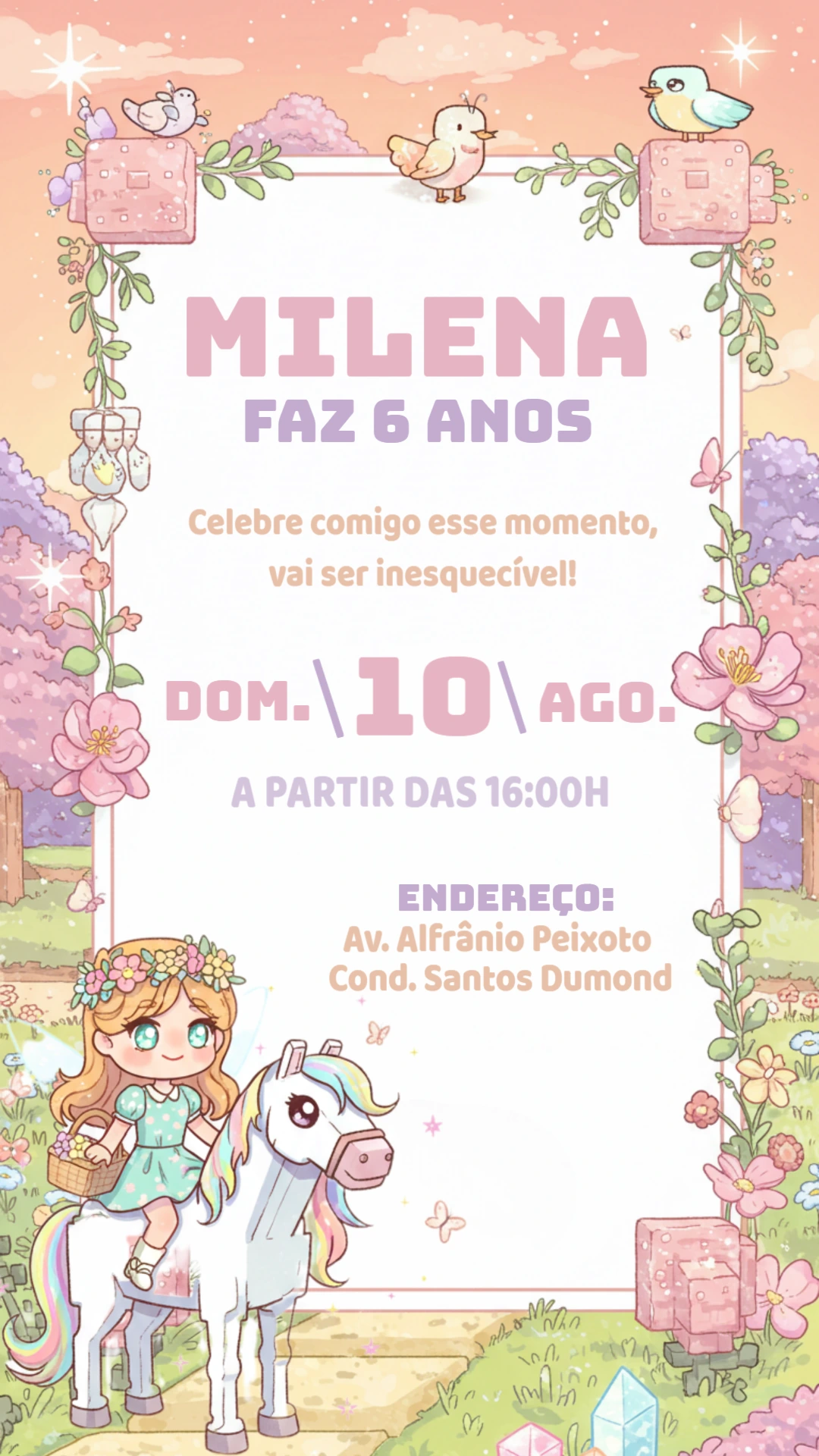 Convite de Aniversário Fada e Unicórnio Pixel Art para Editar