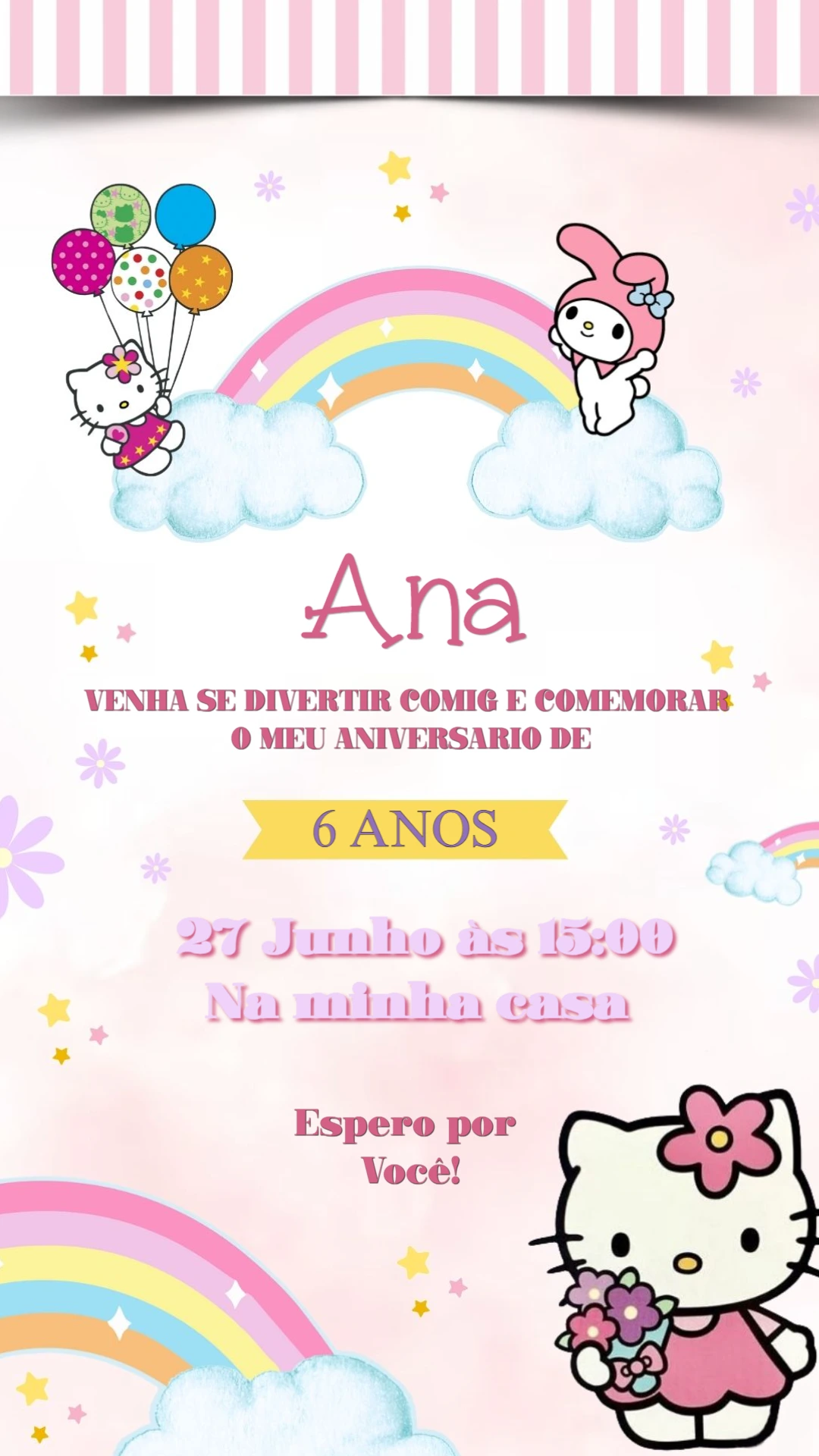 Convite de Aniversário Hello Kitty e Amigos para Editar Online