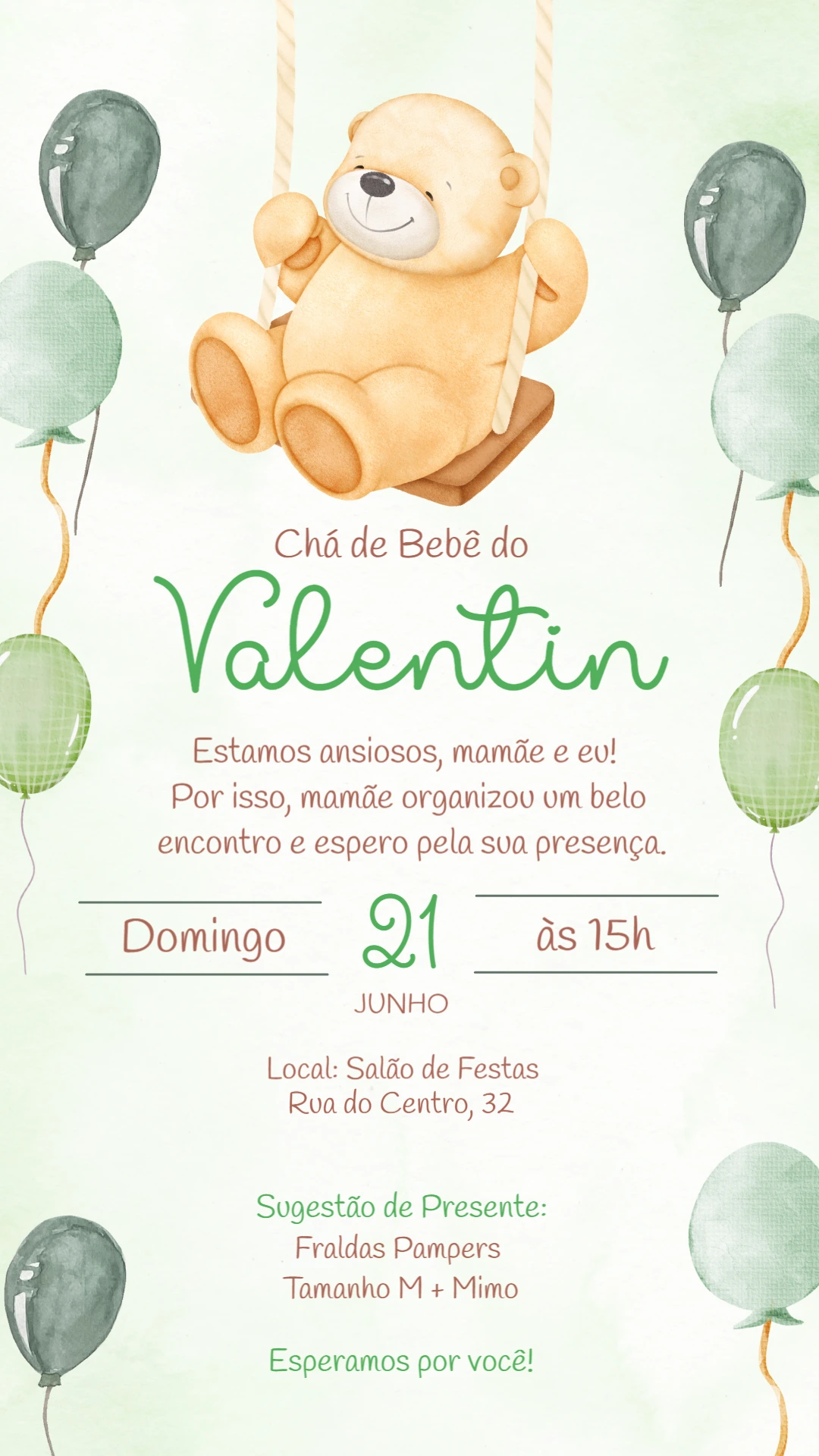 Convite Chá de Bebê Ursinho no Balanço para Editar Online