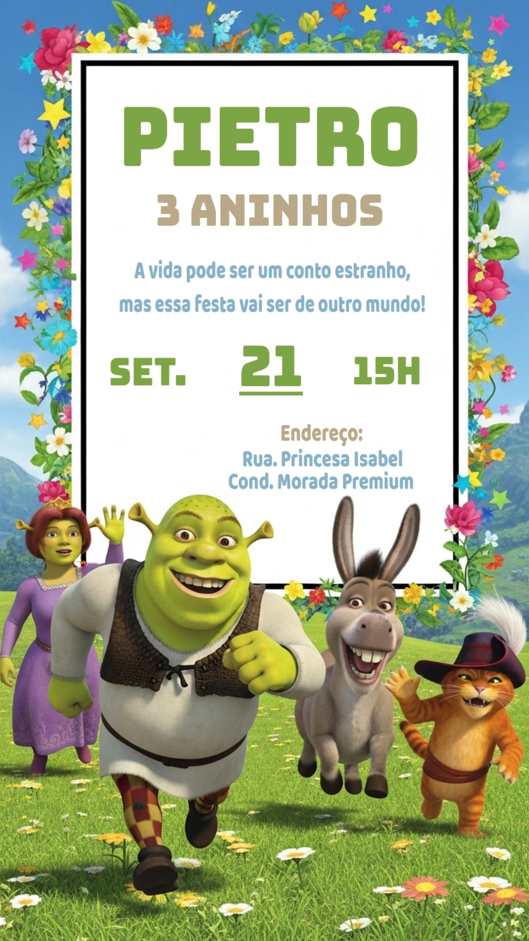 Convite de Aniversário Shrek com Personagens para Editar Online