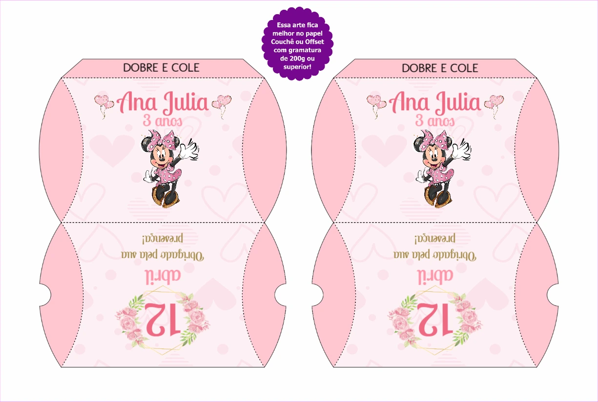 Caixa Travesseiro Minnie Rosa Editável para Aniversário