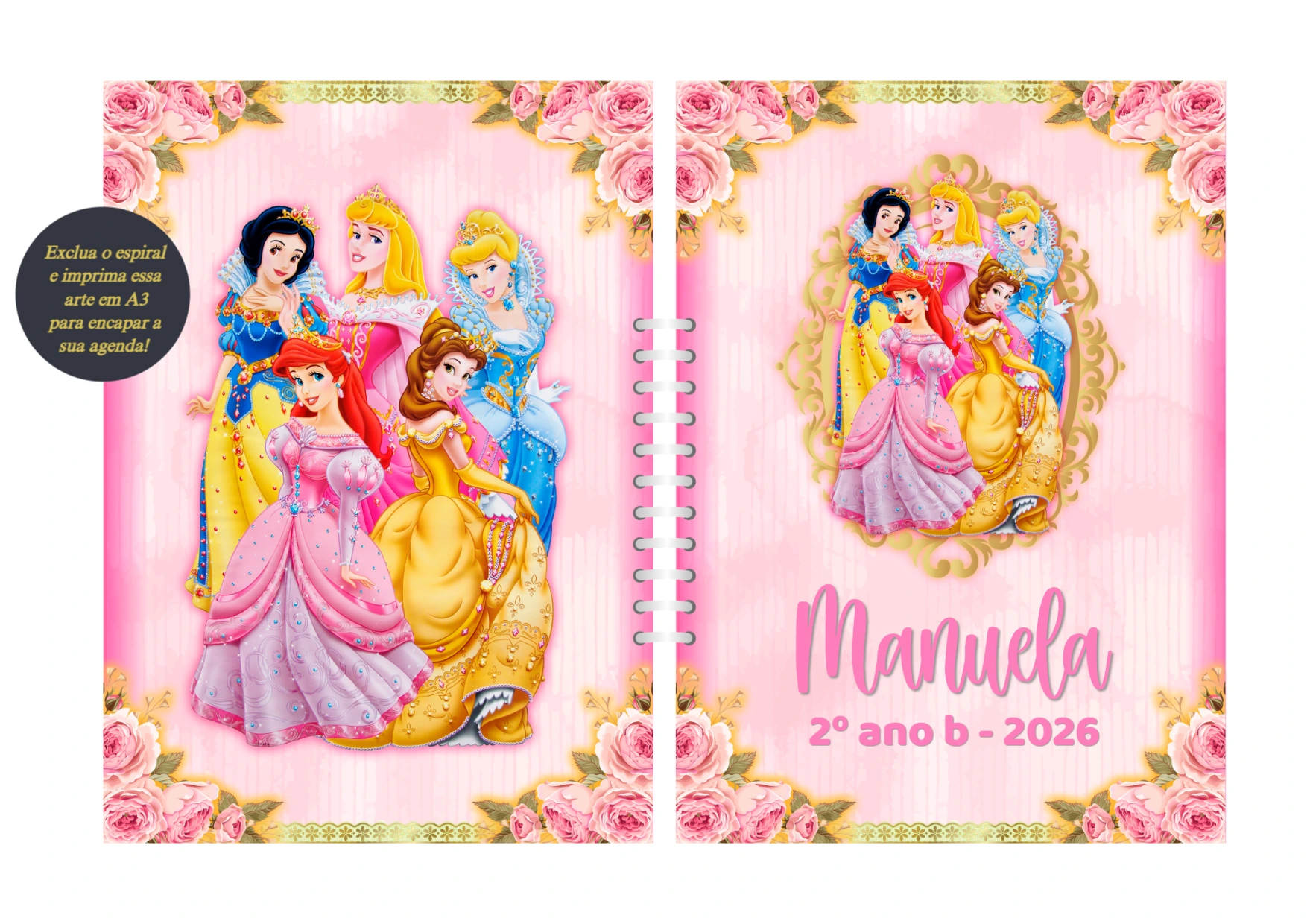 Capa de Agenda Princesas Disney Editável para Imprimir