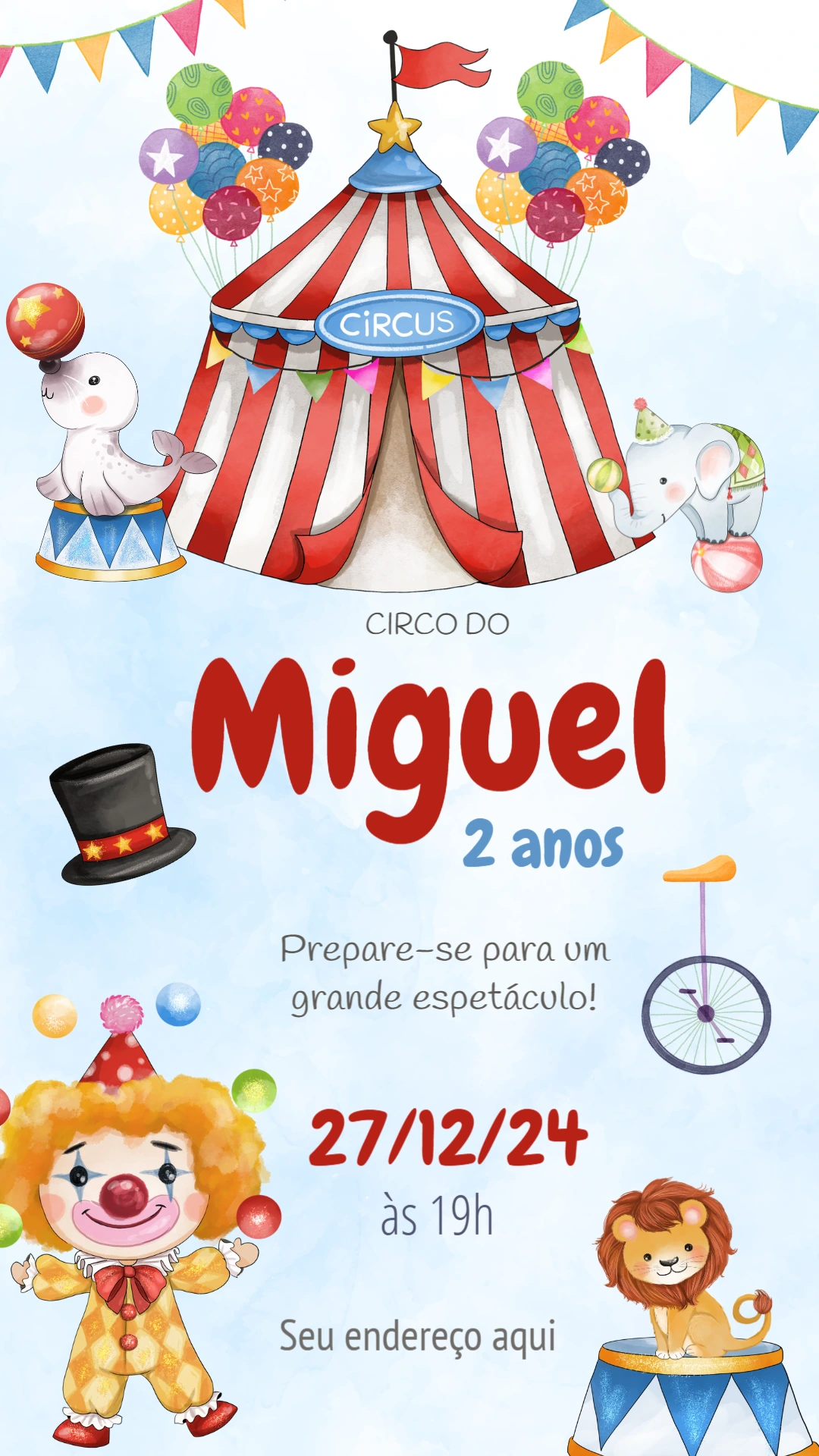 Convite Aniversário Circo Aquarela para Editar Online