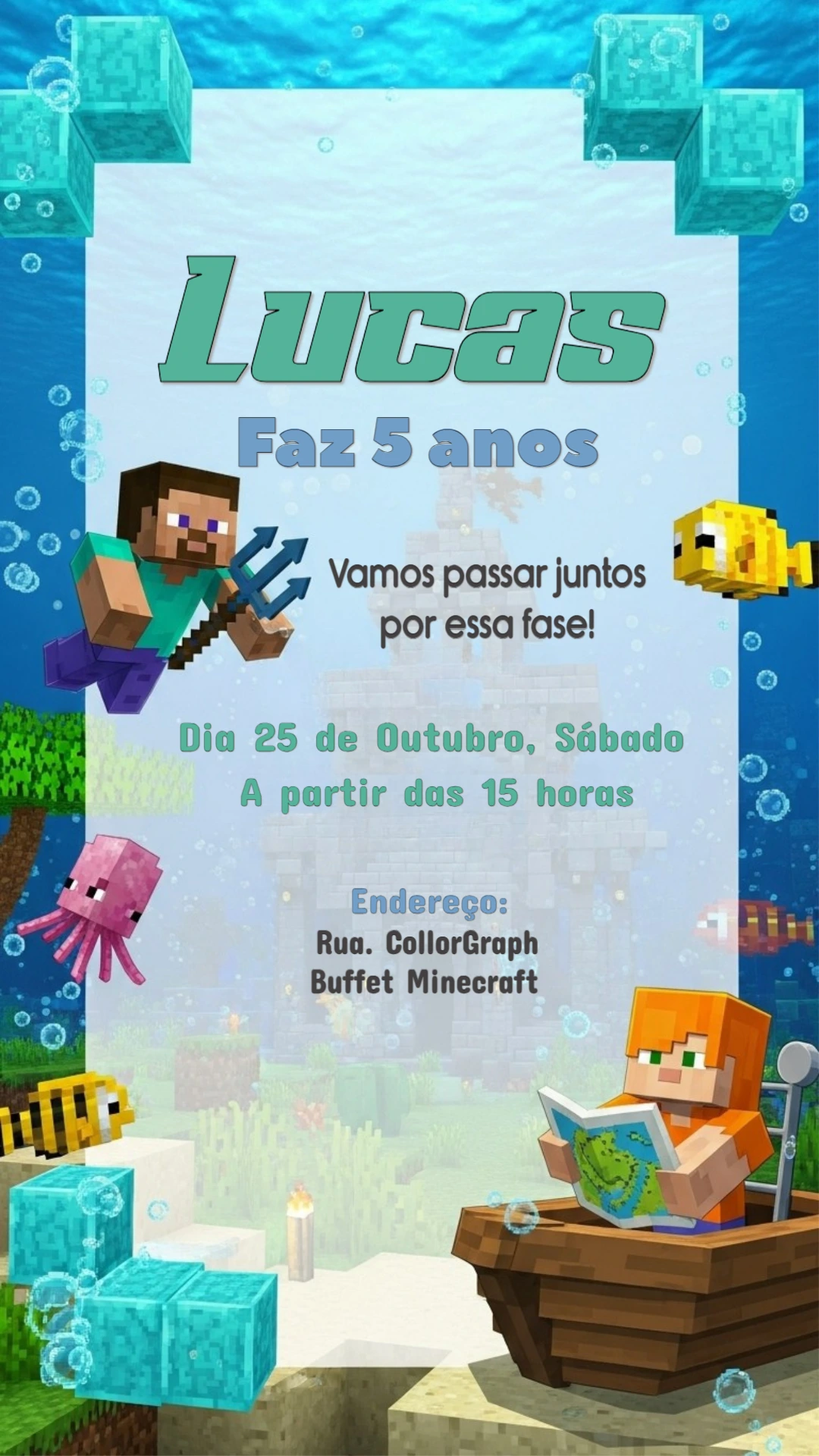 Convite de Aniversário Minecraft Aquático para Editar Online
