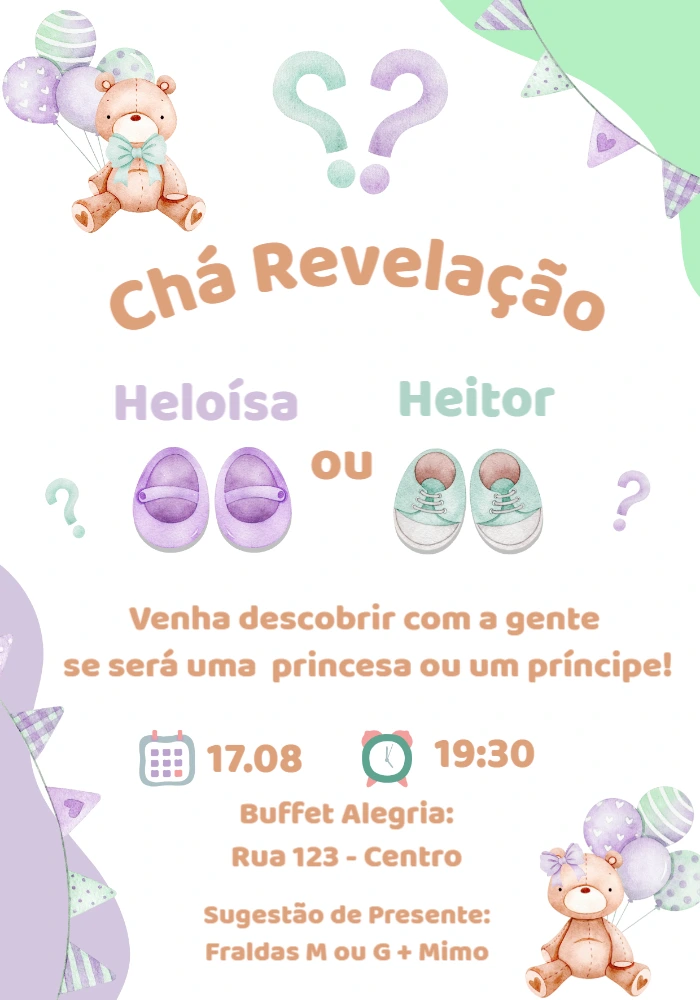 Convite Chá Revelação Ursinhos Lilás e Verde para Editar
