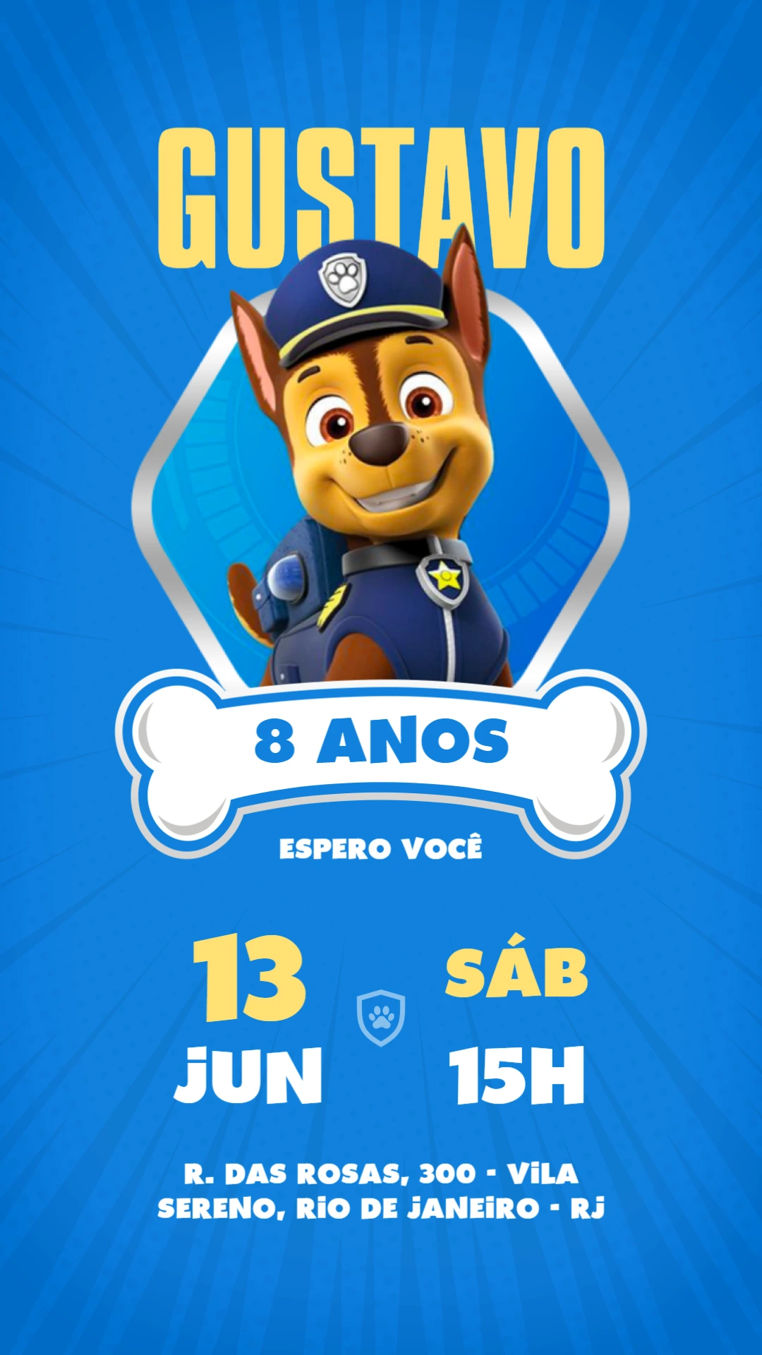 Convite de Aniversário Patrulha Canina Chase para Editar Online