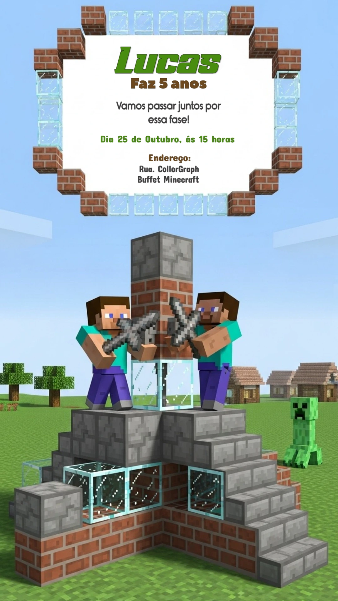 Convite de Aniversário Minecraft com Personagens para Editar