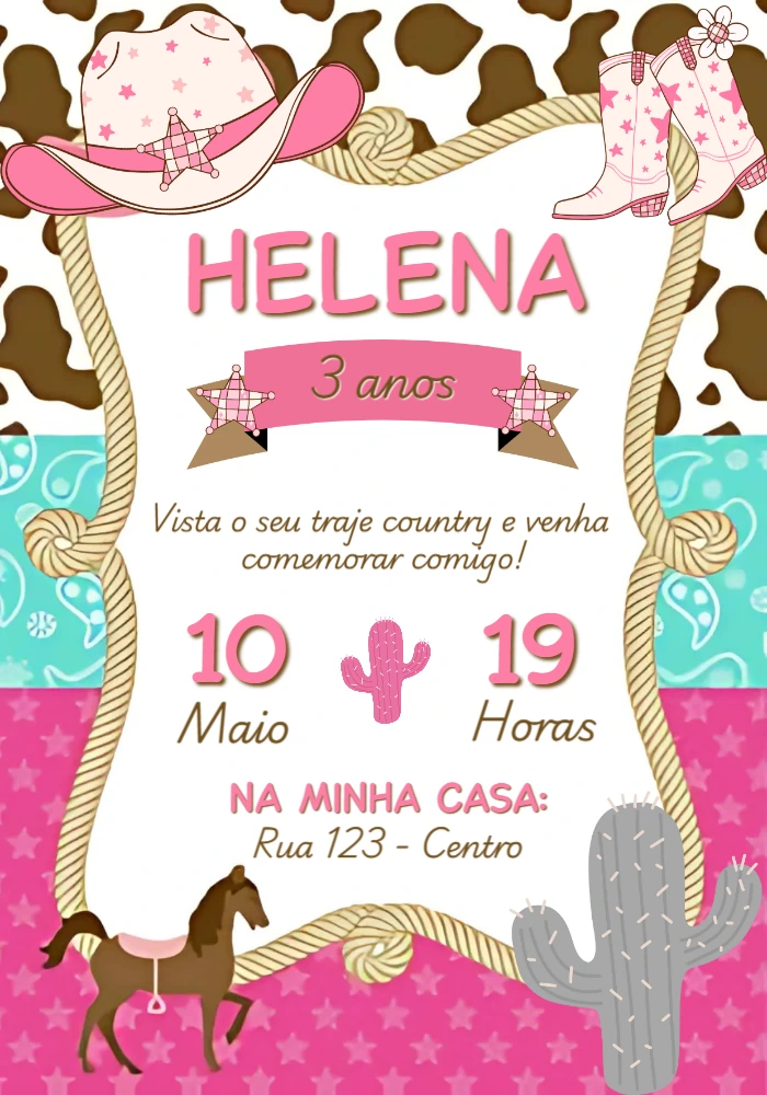 Convite de Aniversário Country Rosa para Editar Online