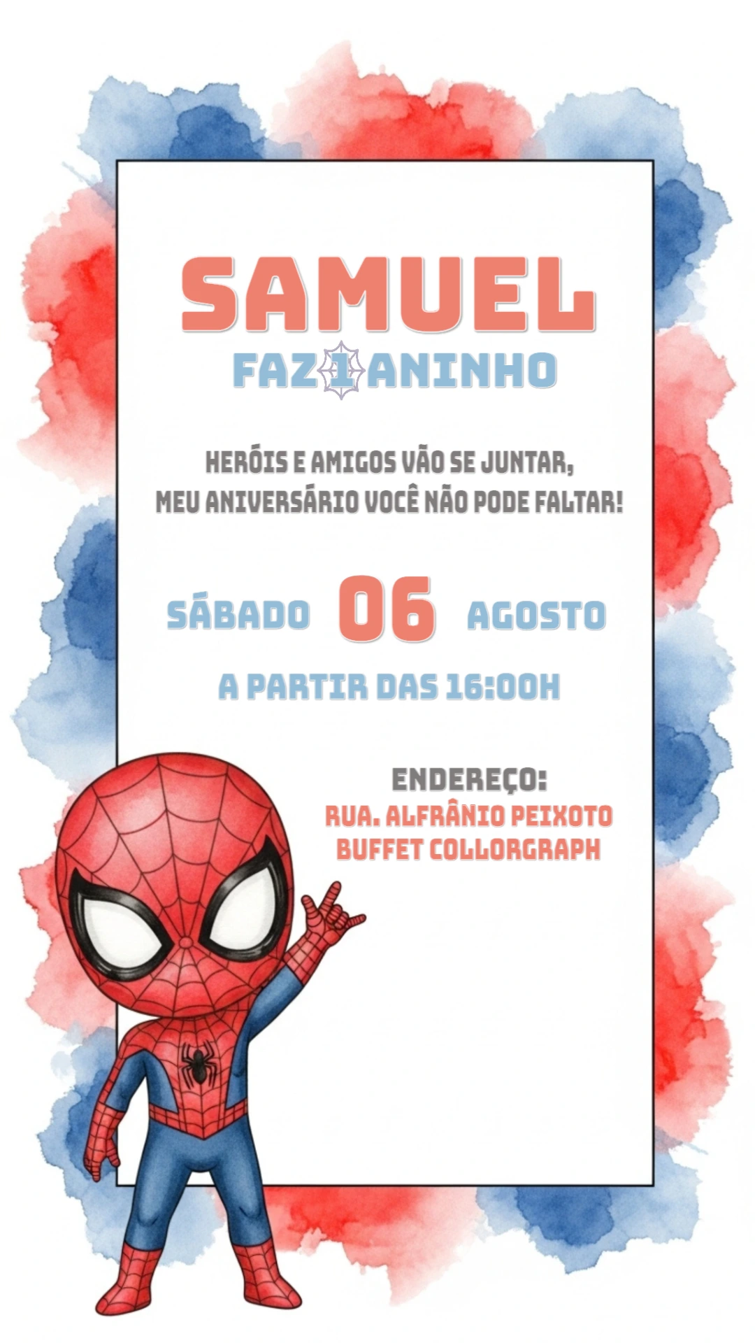 Convite Aniversário Homem Aranha Fofo para Editar Online