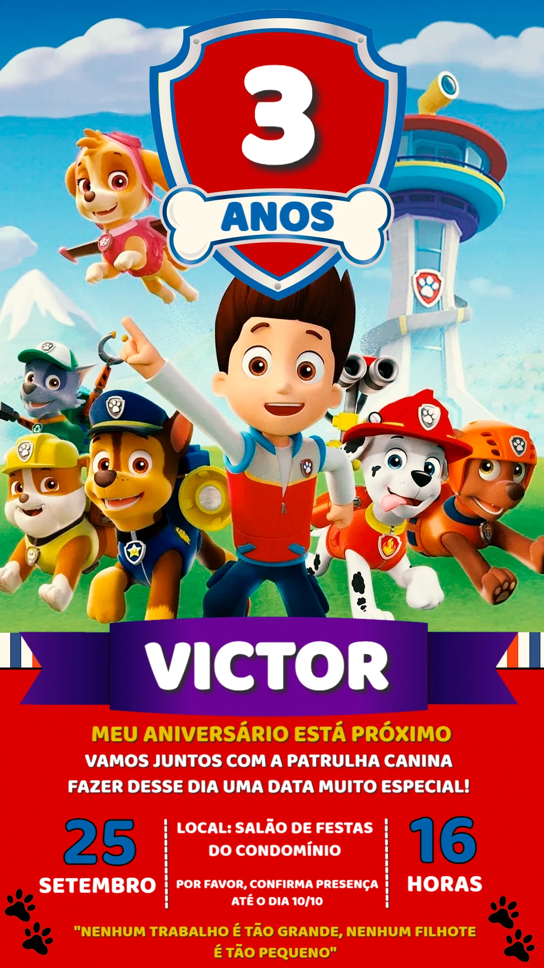 Convite de Aniversário Patrulha Canina para Editar Online
