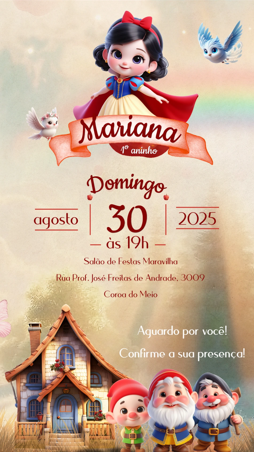 Convite Aniversário Branca de Neve Cute para Editar Online