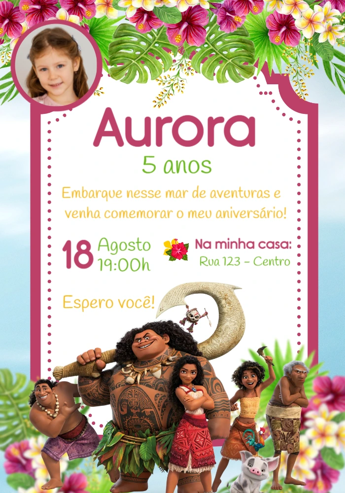 Convite de Aniversário Moana com Foto para Editar Online
