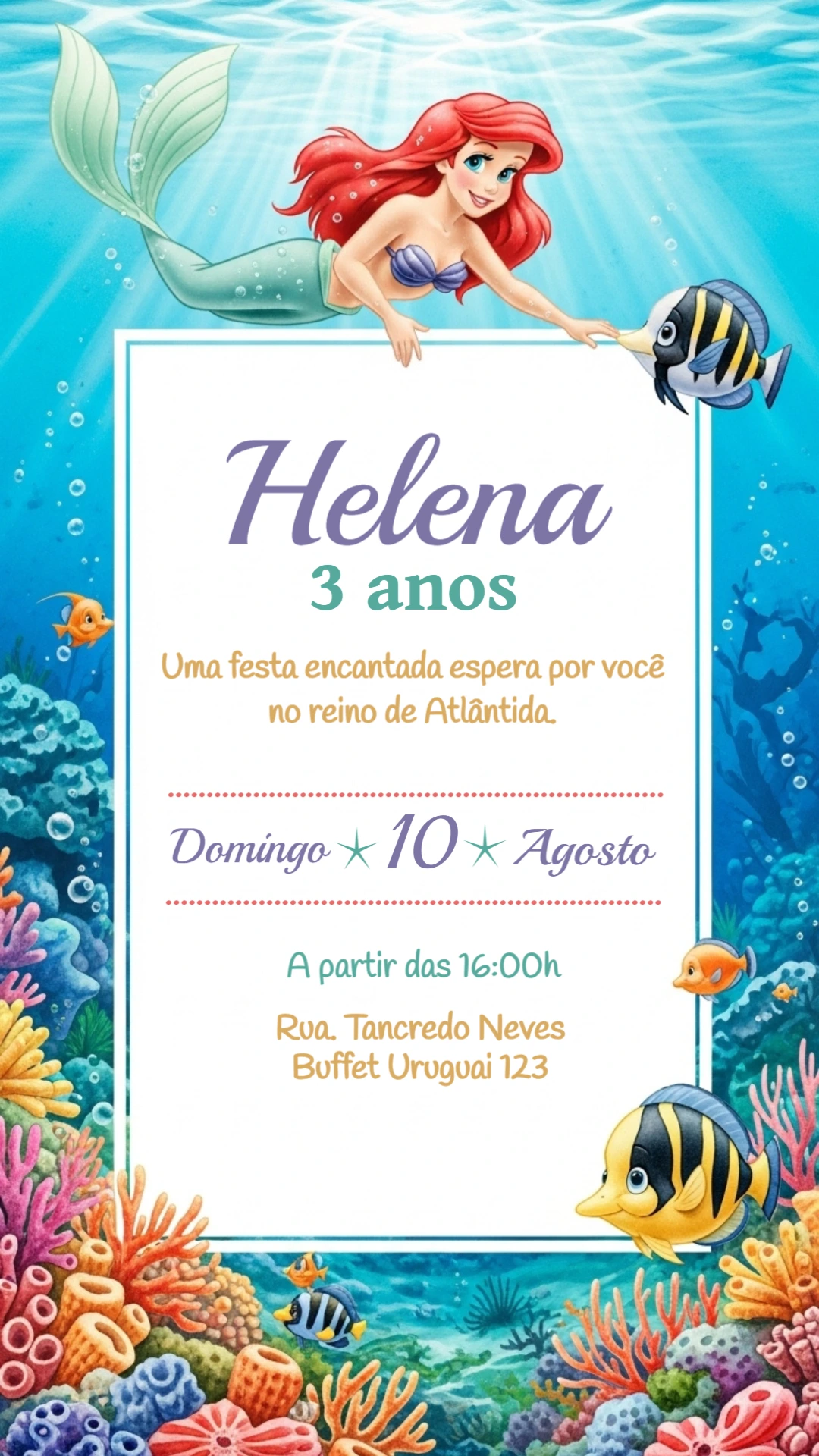 Convite de Aniversário Pequena Sereia Fundo do Mar Editável