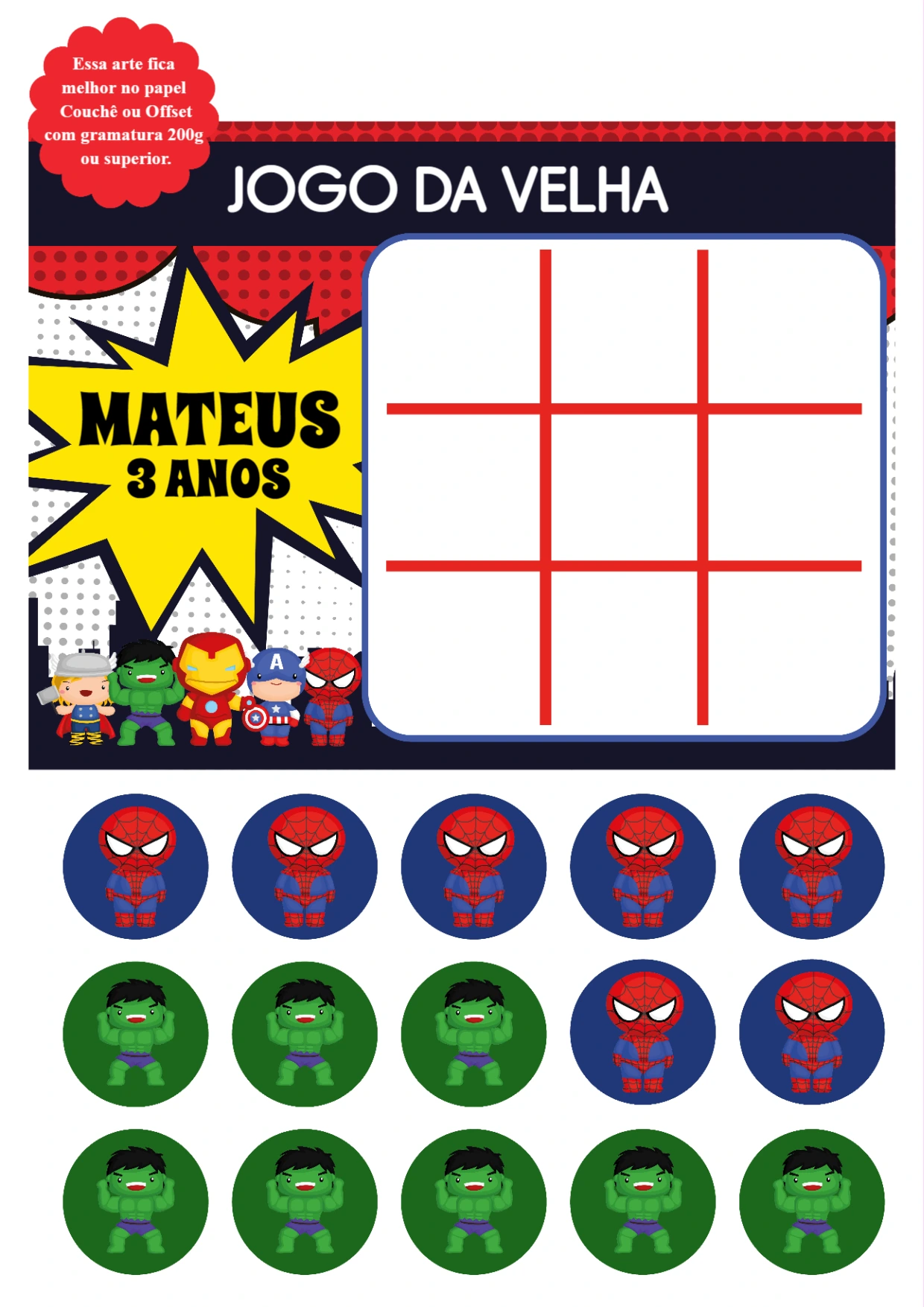 Lembrancinha Jogo da Velha Vingadores Cute para Editar Online