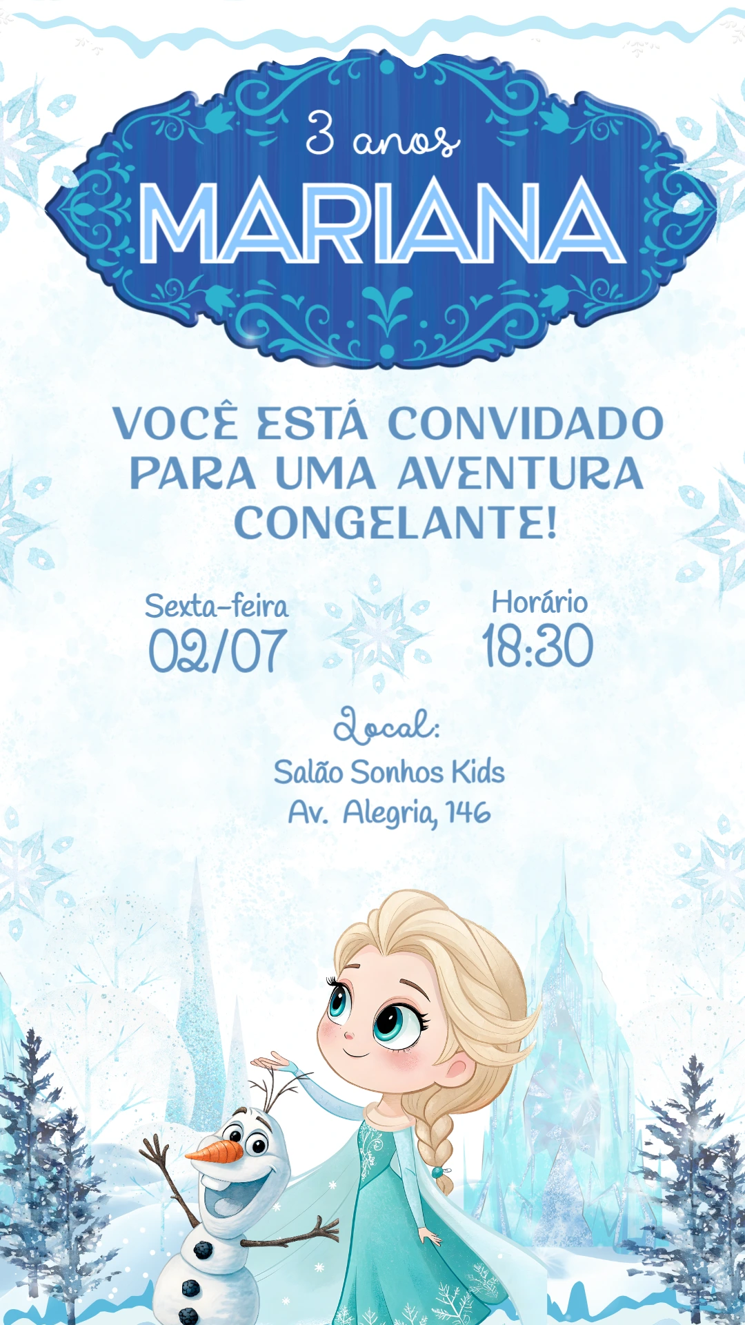 Convite de Aniversário Frozen com Elsa e Olaf para Editar