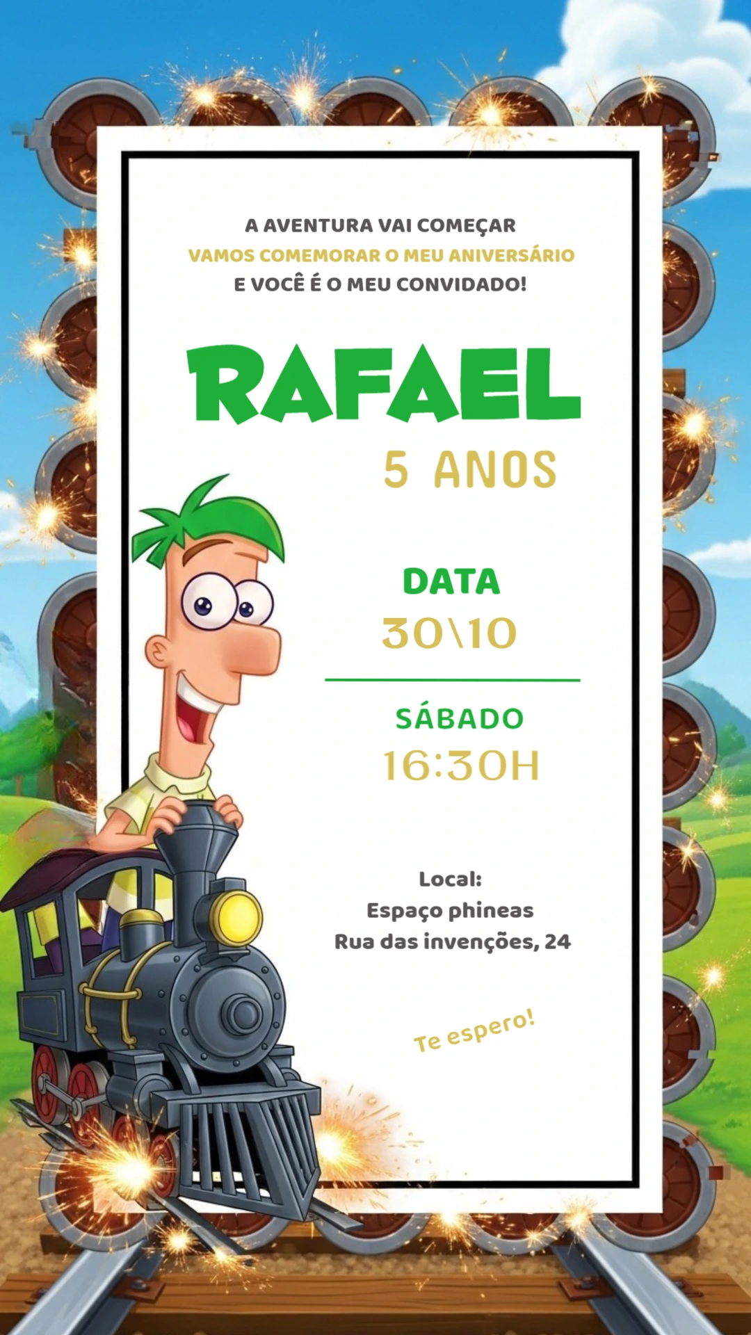 Convite de Aniversário Ferb Phineas e Ferb para Editar Online