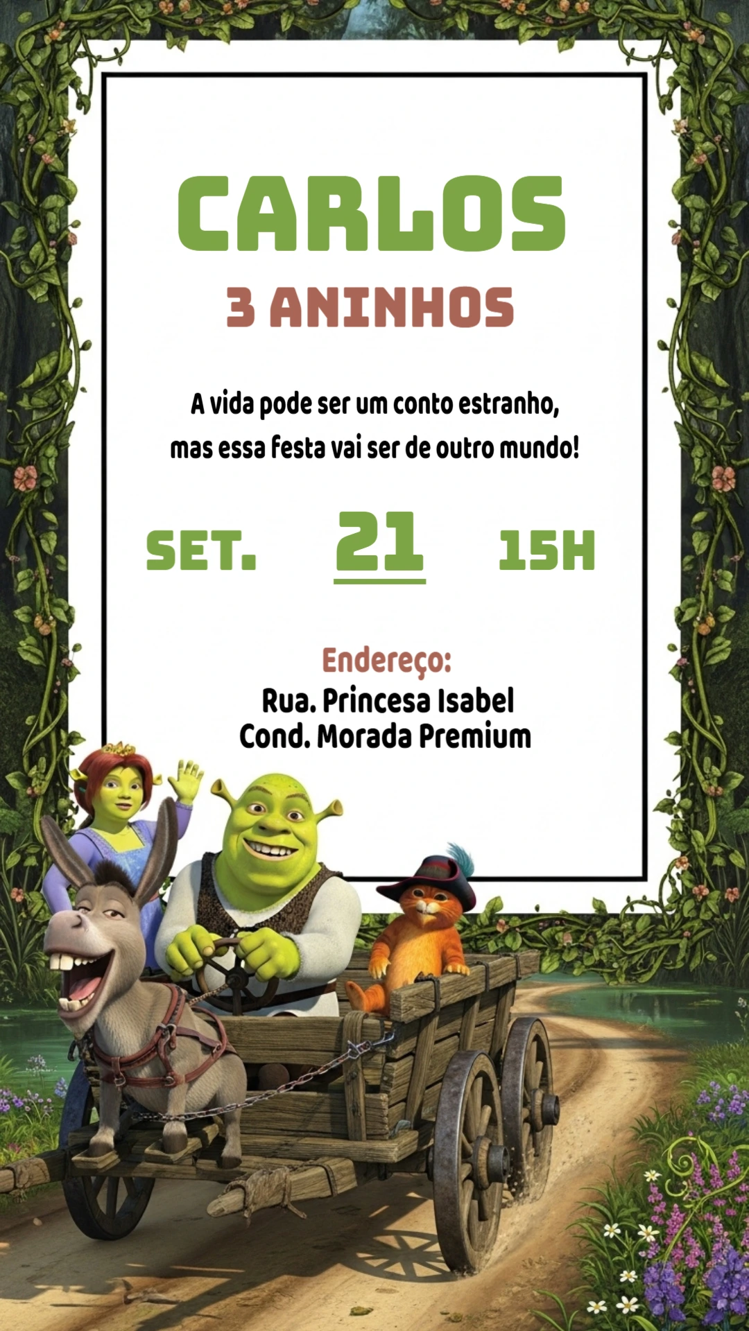 Convite Aniversário Shrek com Personagens para Editar Online