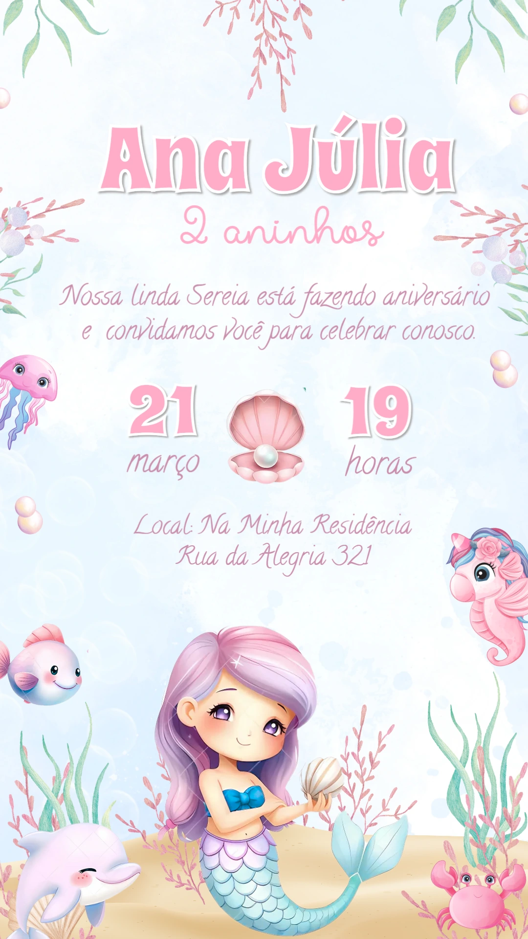 Convite Aniversário Sereia Fofa para Editar Online