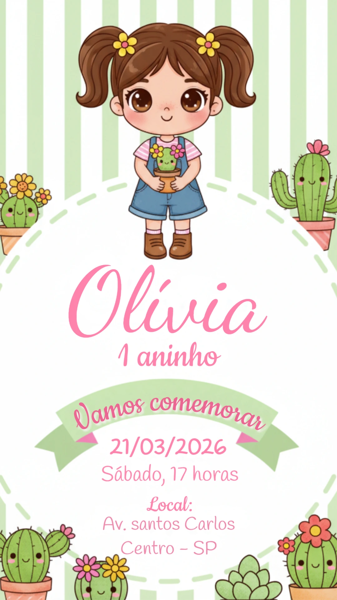 Convite Digital Aniversário Infantil Tema Cactos Editável