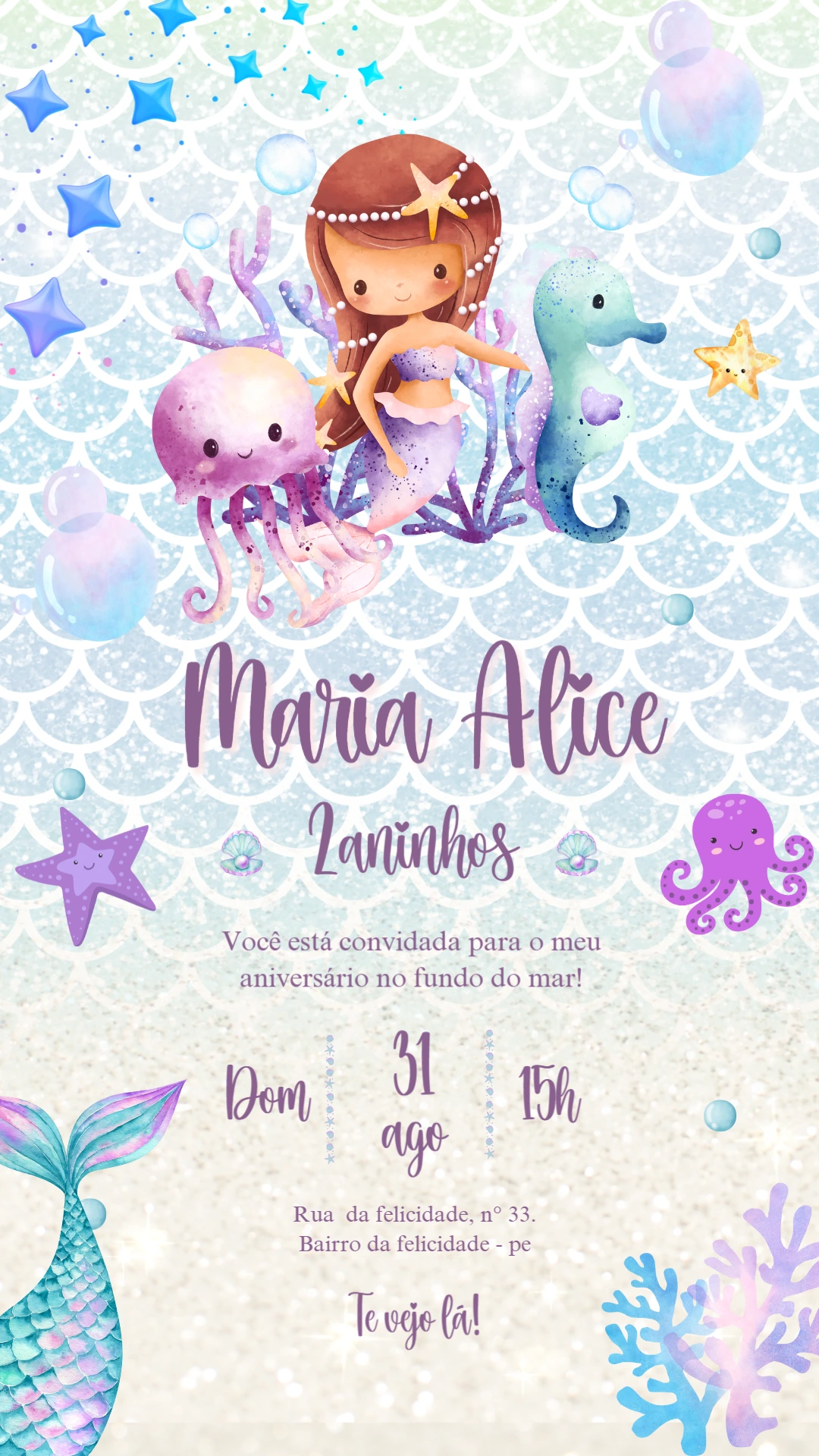 Convite Aniversário Sereia Fundo do Mar para Editar Online