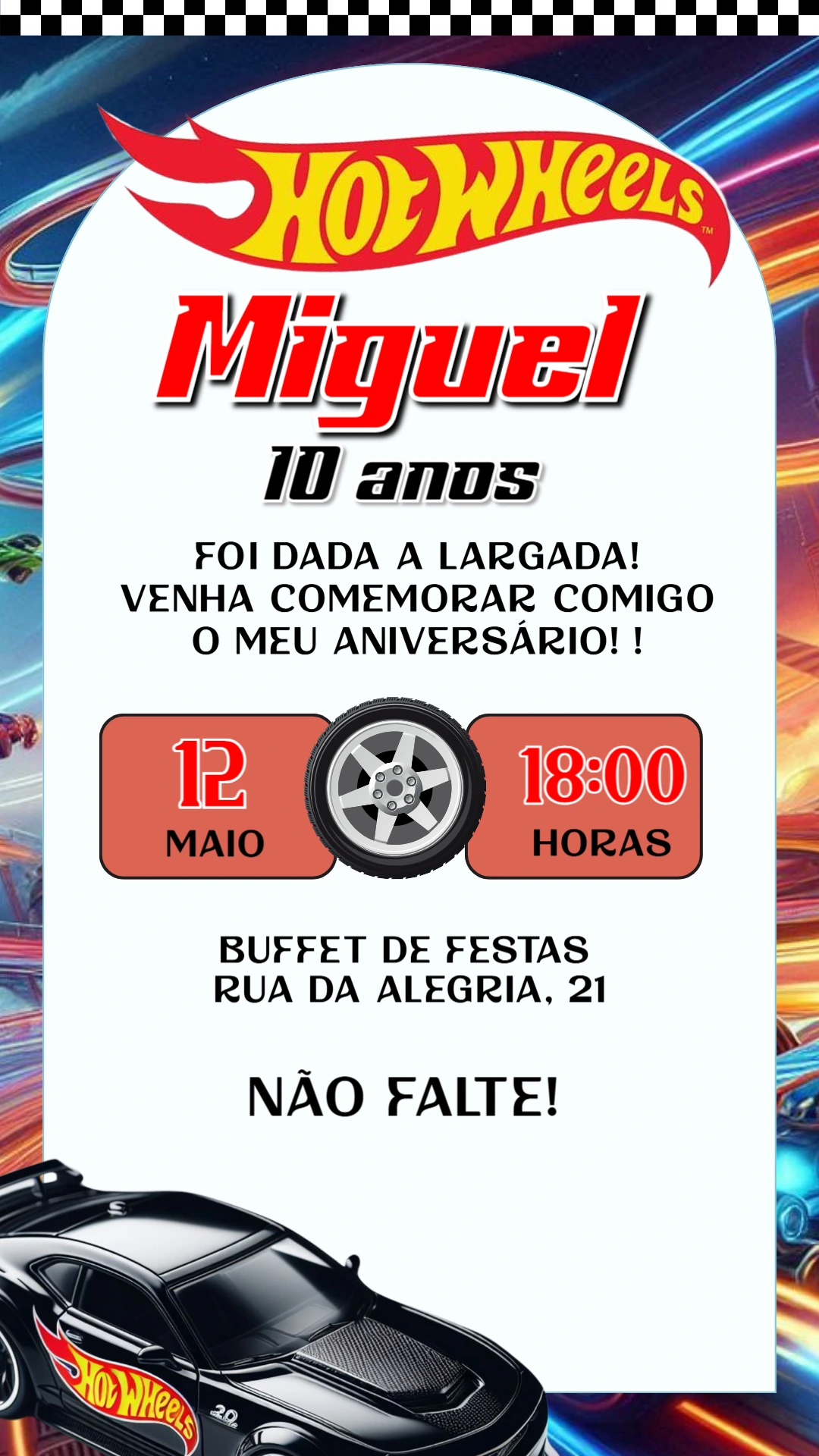 Convite de Aniversário HotWheels com Carros para Editar