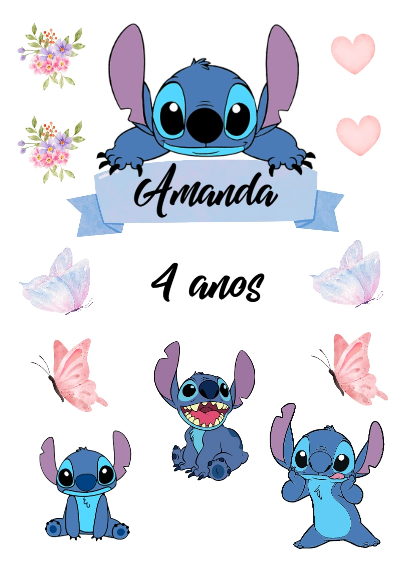 Topper de Bolo Stitch para Aniversário | Editável para Imprimir