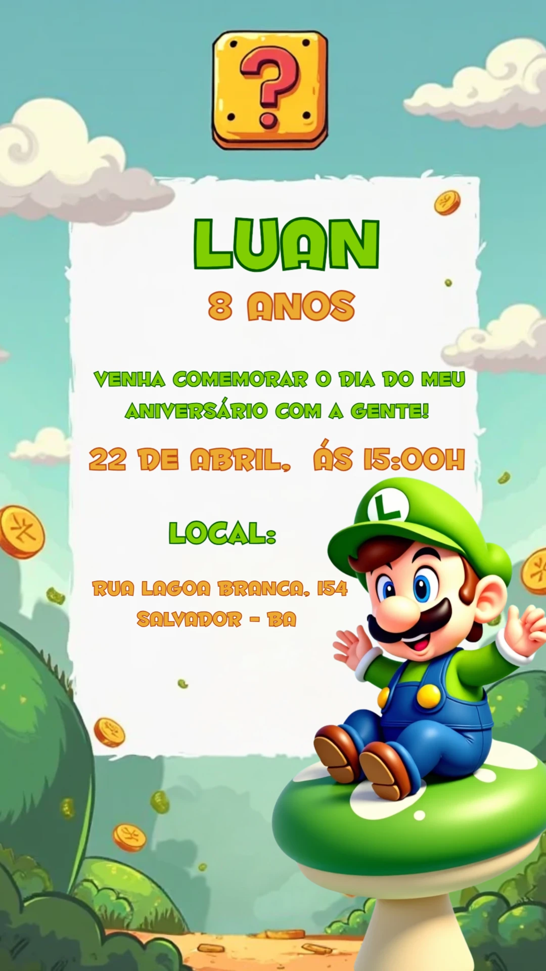 Convite de Aniversário Luigi Super Mario para Editar Online