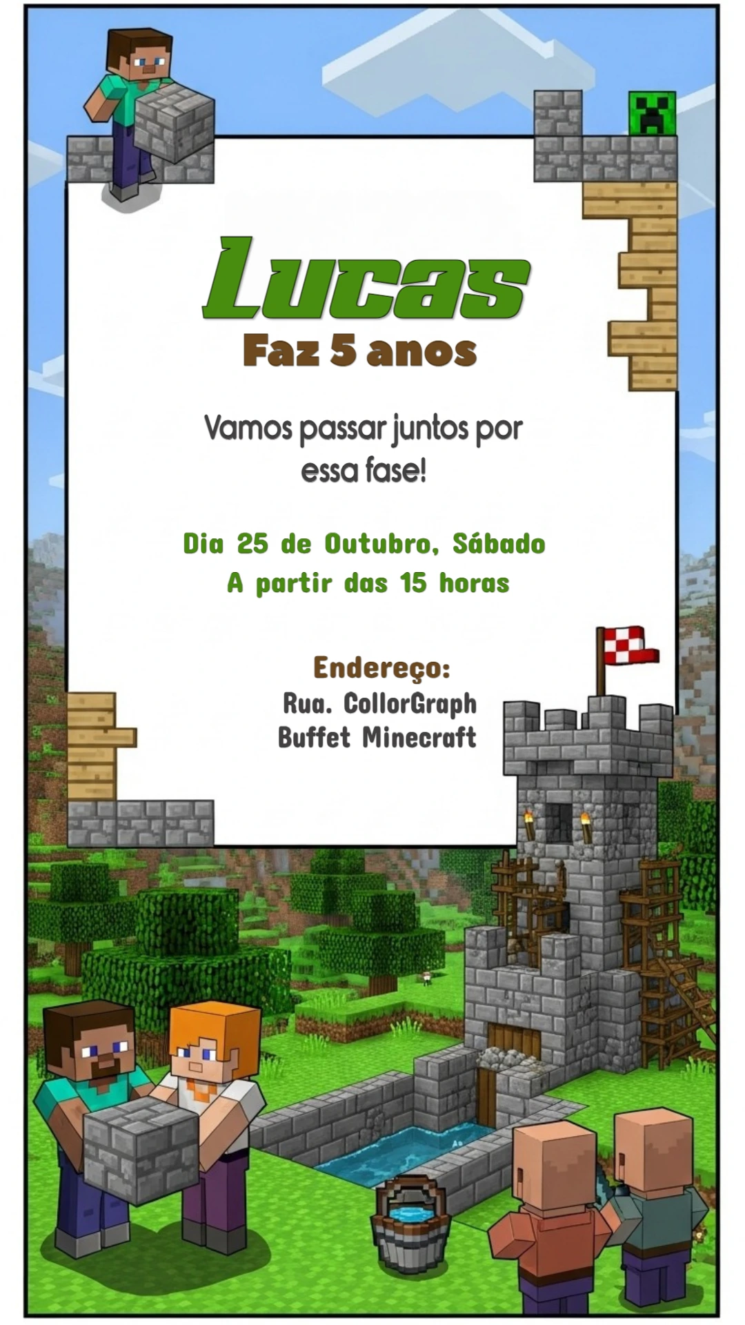 Convite de Aniversário Minecraft com Personagens para Editar