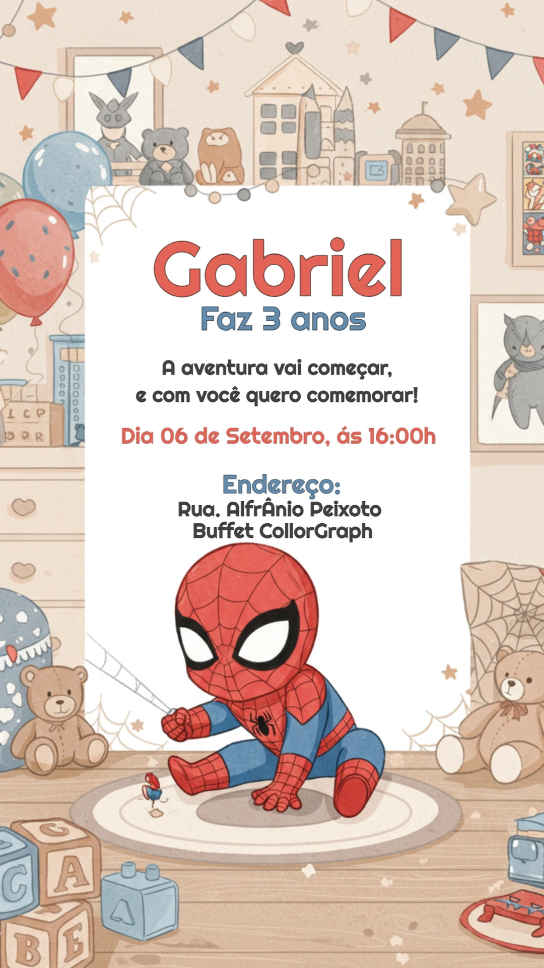 Convite Aniversário Homem Aranha Baby para Editar Online