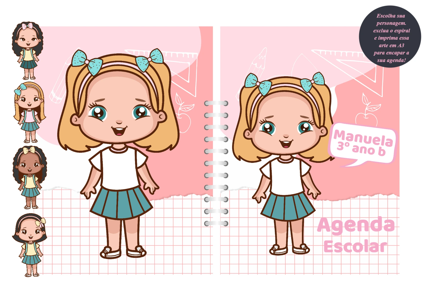 Capa de Agenda Escolar com Personagens para Editar Online