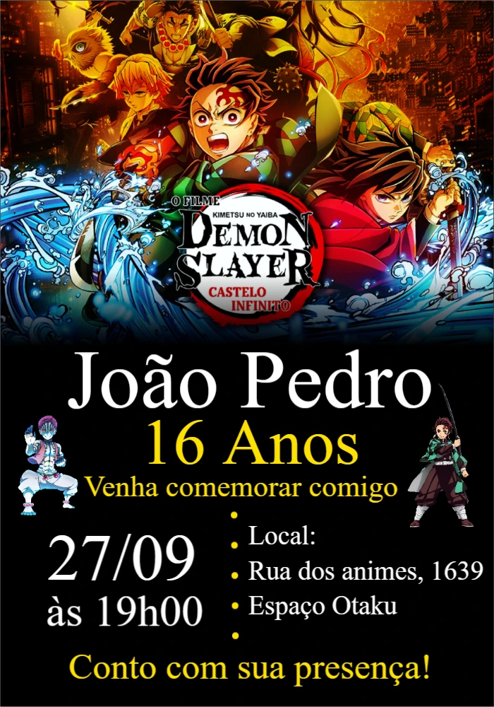 Convite Aniversário Demon Slayer com Personagens para Editar