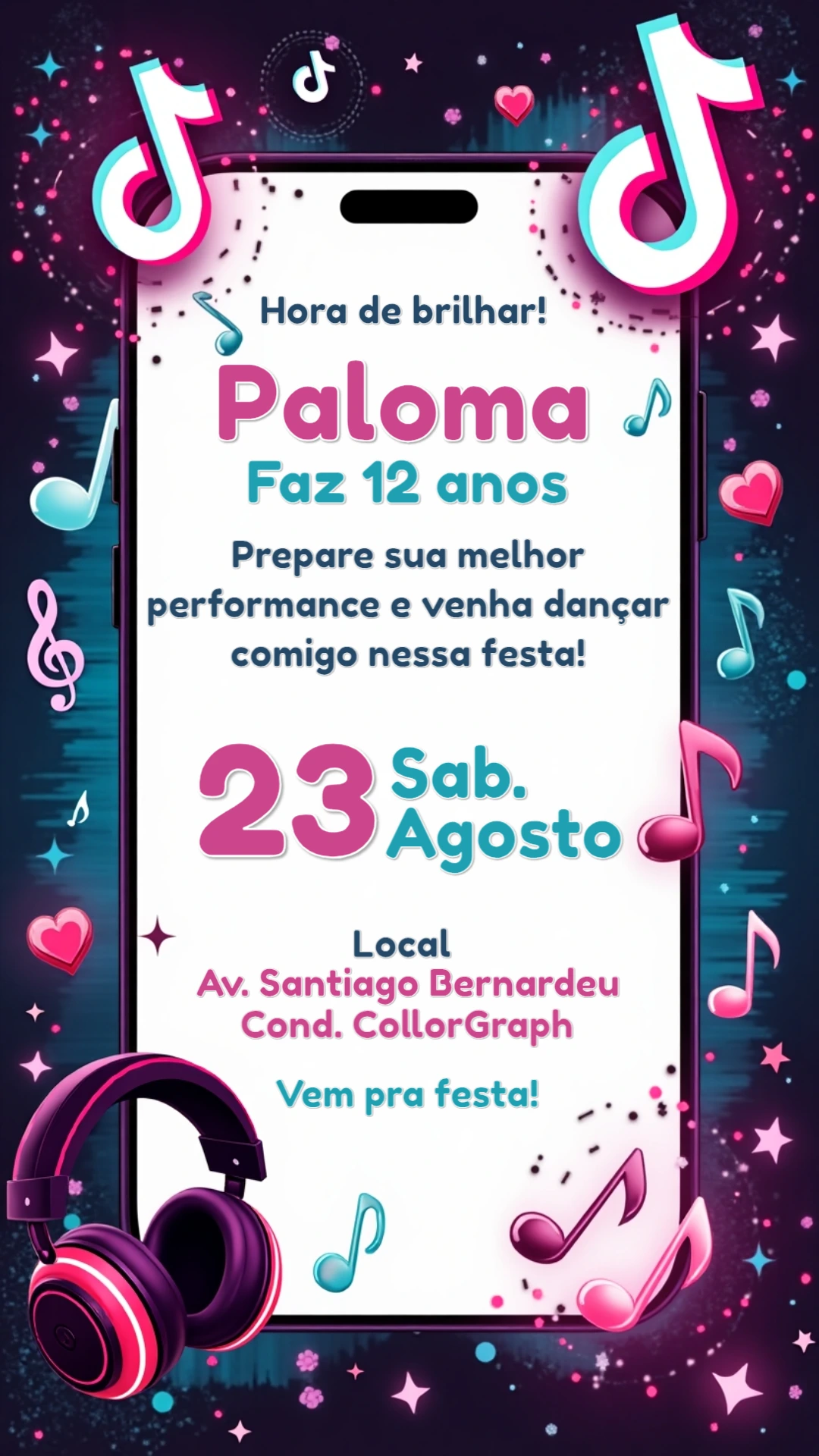 Convite de Aniversário Tema TikTok Musical para Editar Online