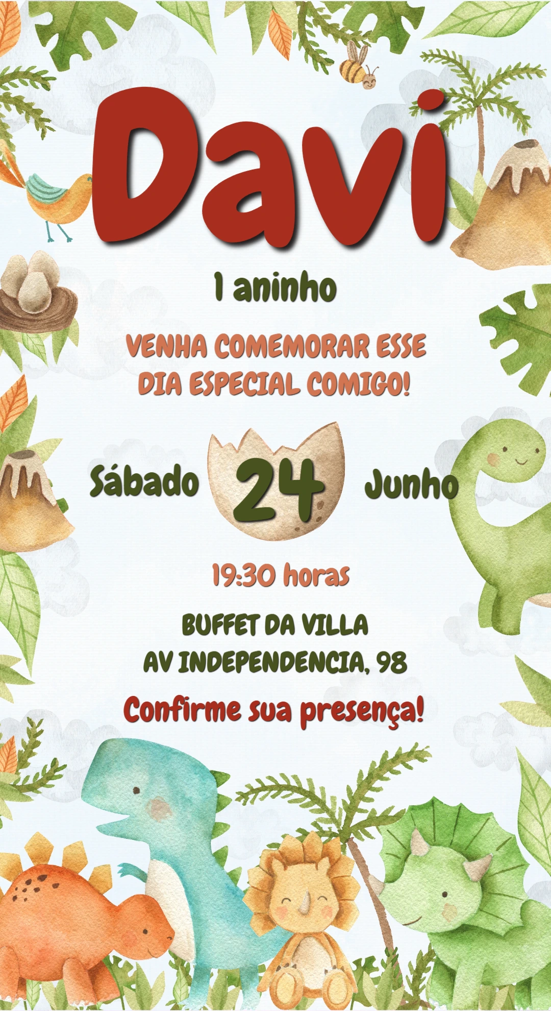 Convite Aniversário Dinossauro Baby para Editar Online