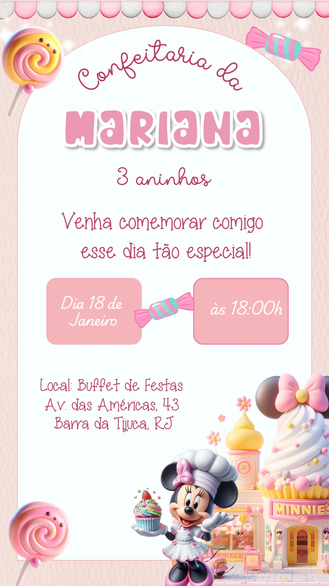 Convite Aniversário Minnie Confeiteira para Editar Online