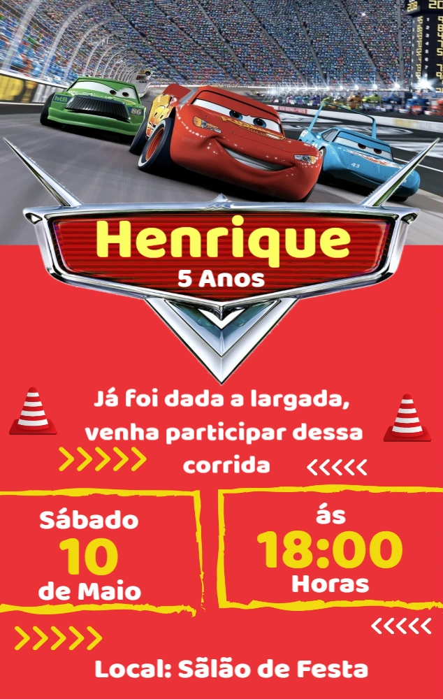 Convite Aniversário Carros para Editar Online e Imprimir