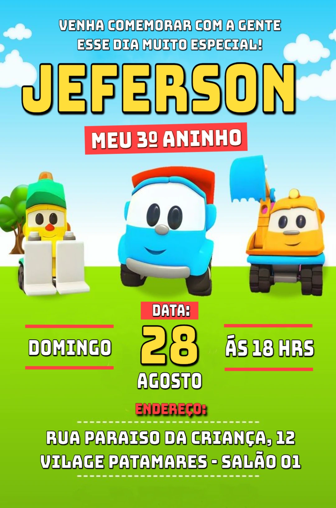 Convite de Aniversário Léo o Caminhão para Editar Online