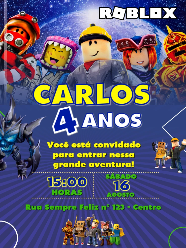 Convite de Aniversário Roblox com Personagens para Editar Online