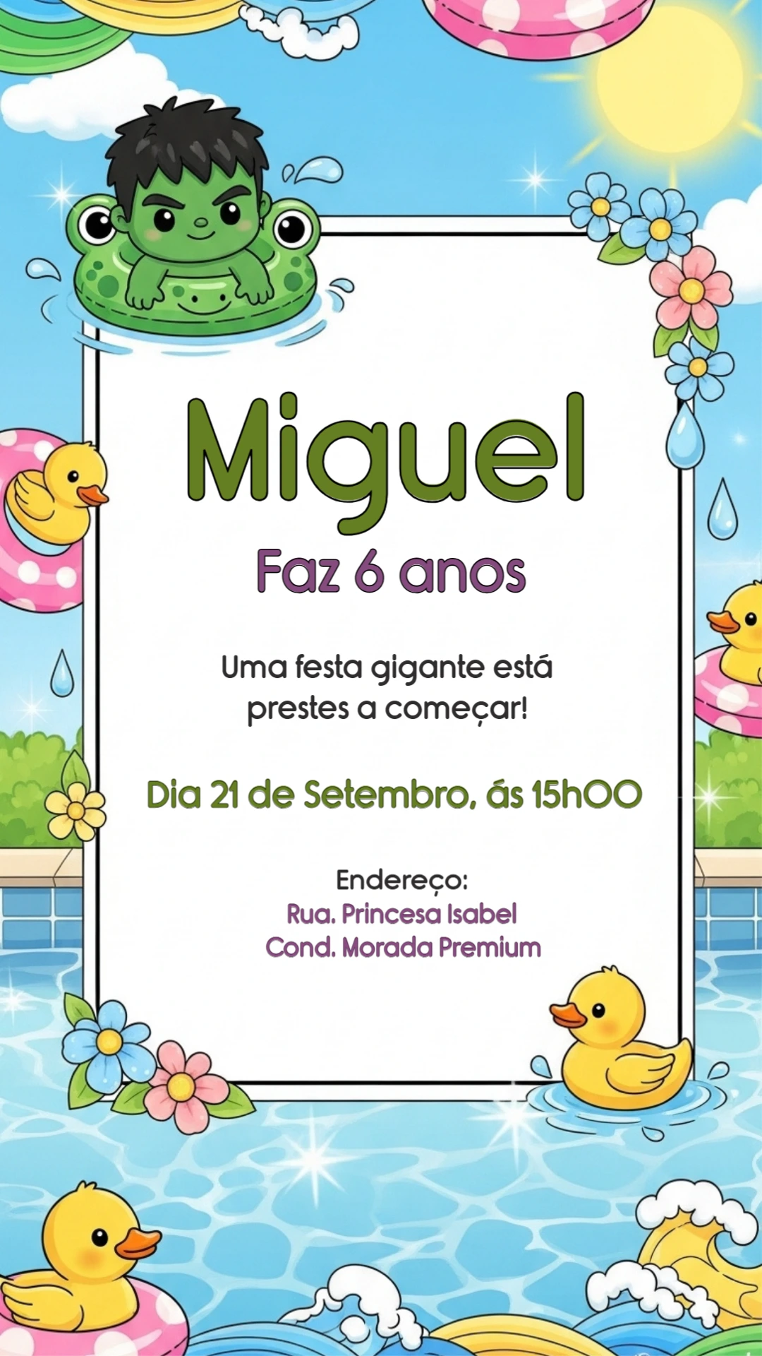 Convite Aniversário Hulk na Piscina para Editar Online