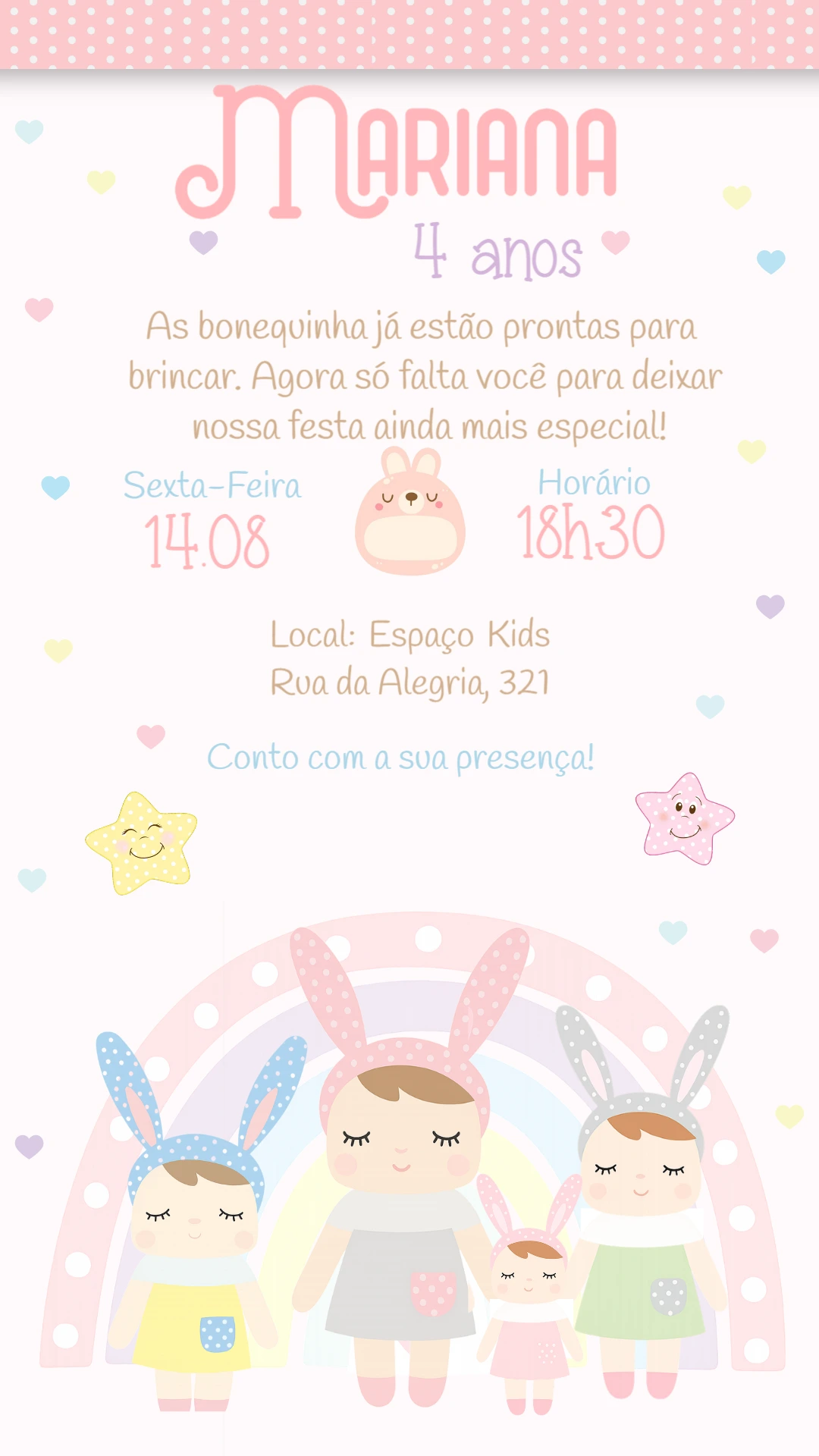 Convite Aniversário Bonecas Metoo Editável Online