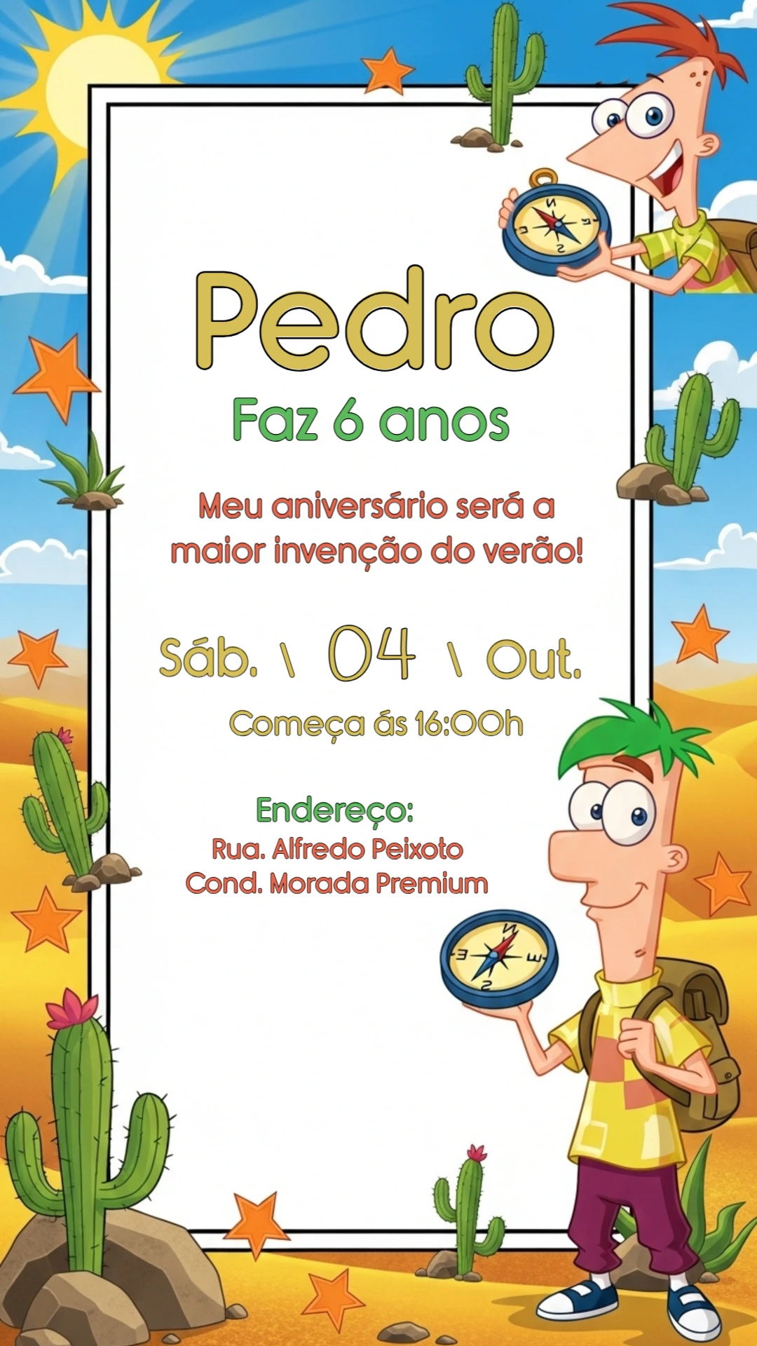 Convite de Aniversário Phineas e Ferb para Editar Online