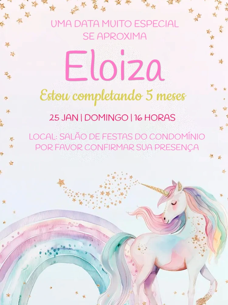 Convite de Aniversário Unicórnio Arco-íris para Editar