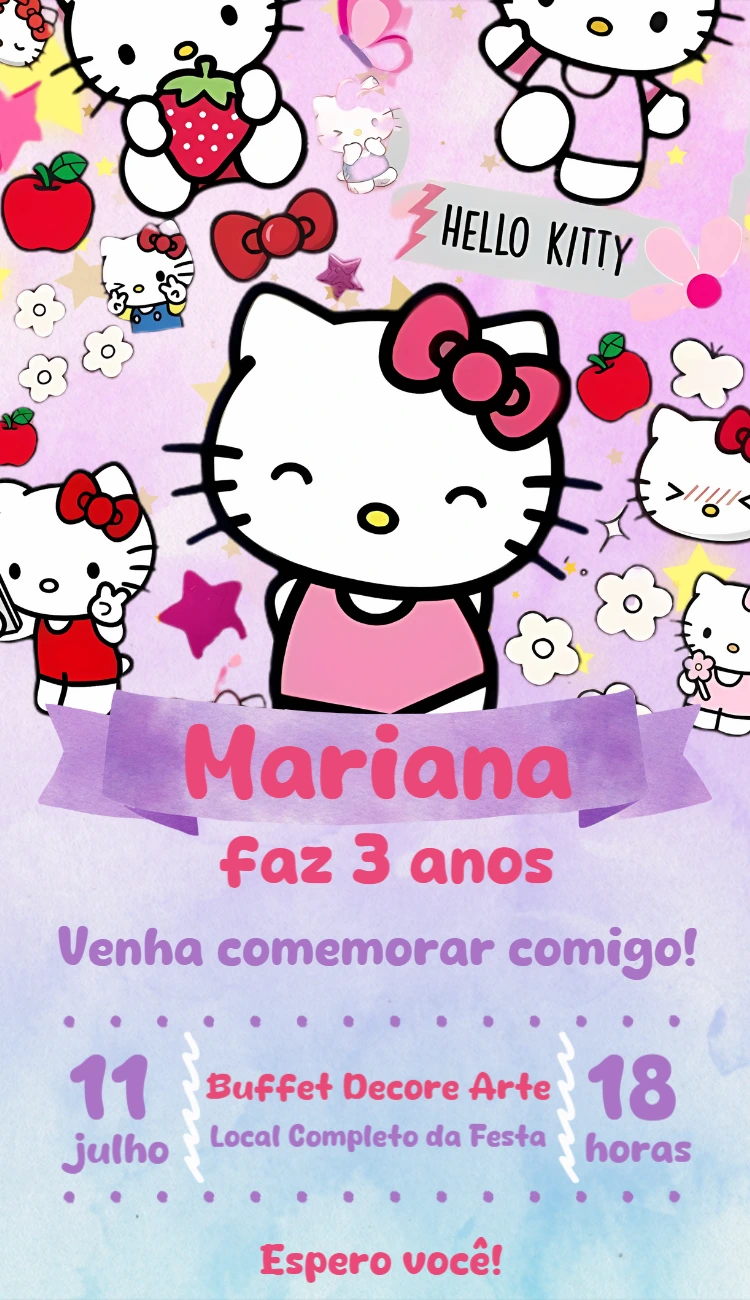Convite de Aniversário Hello Kitty para Editar Online